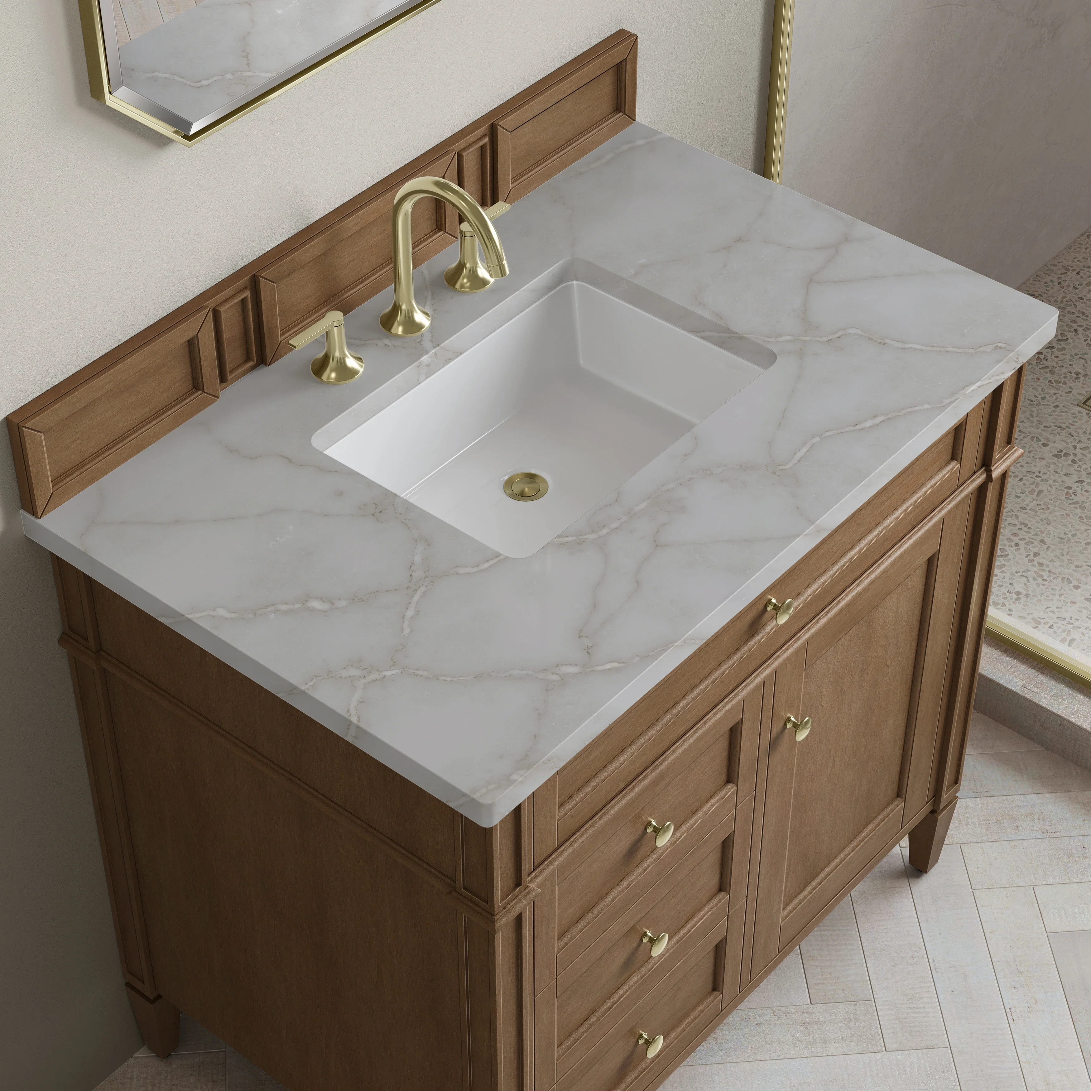 Brittany 36" Single Vanity, Pecan w/ 3 CM Victorian Silver Silestone Top