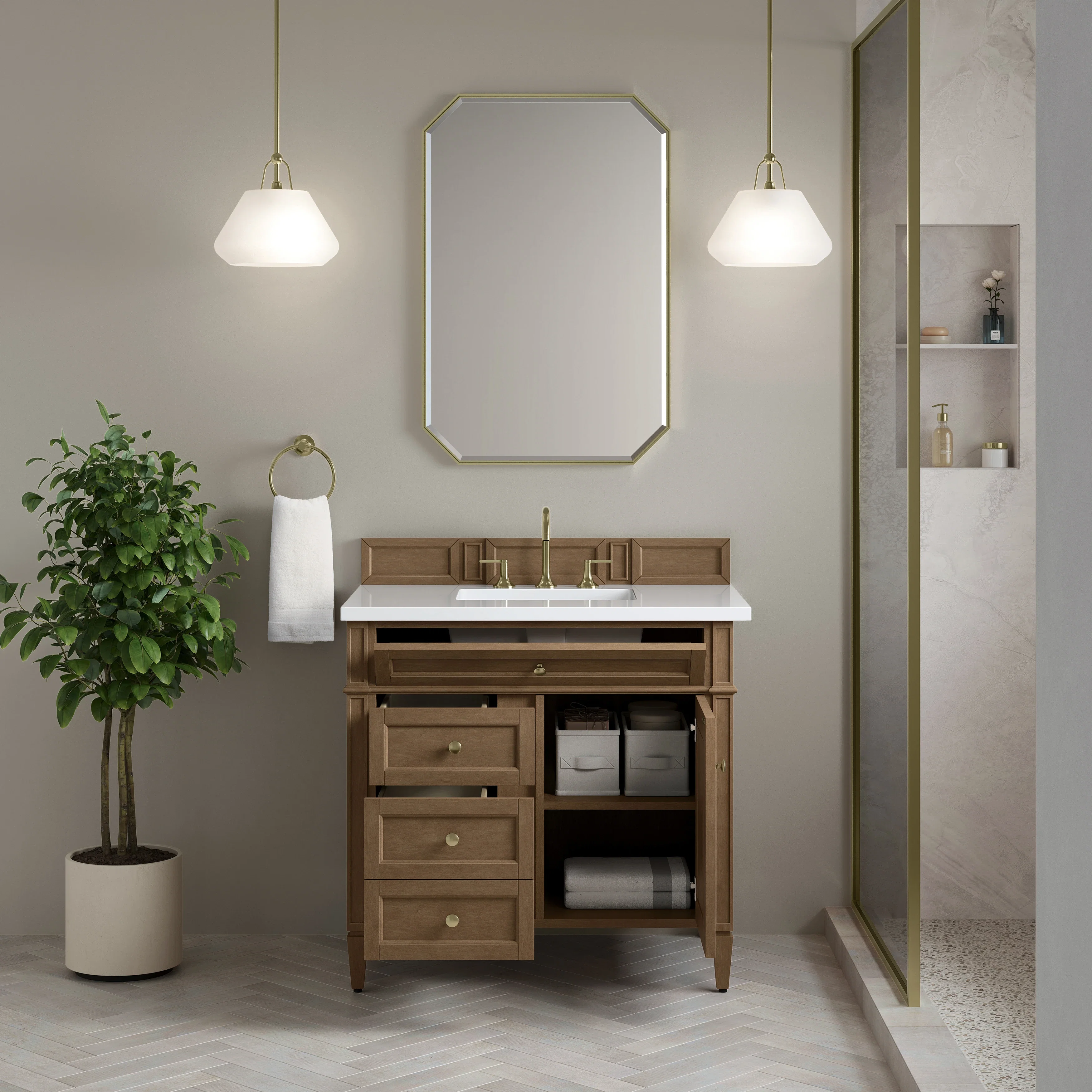 Brittany 36" Single Vanity, Pecan w/ 3 CM White Zeus Silestone Top