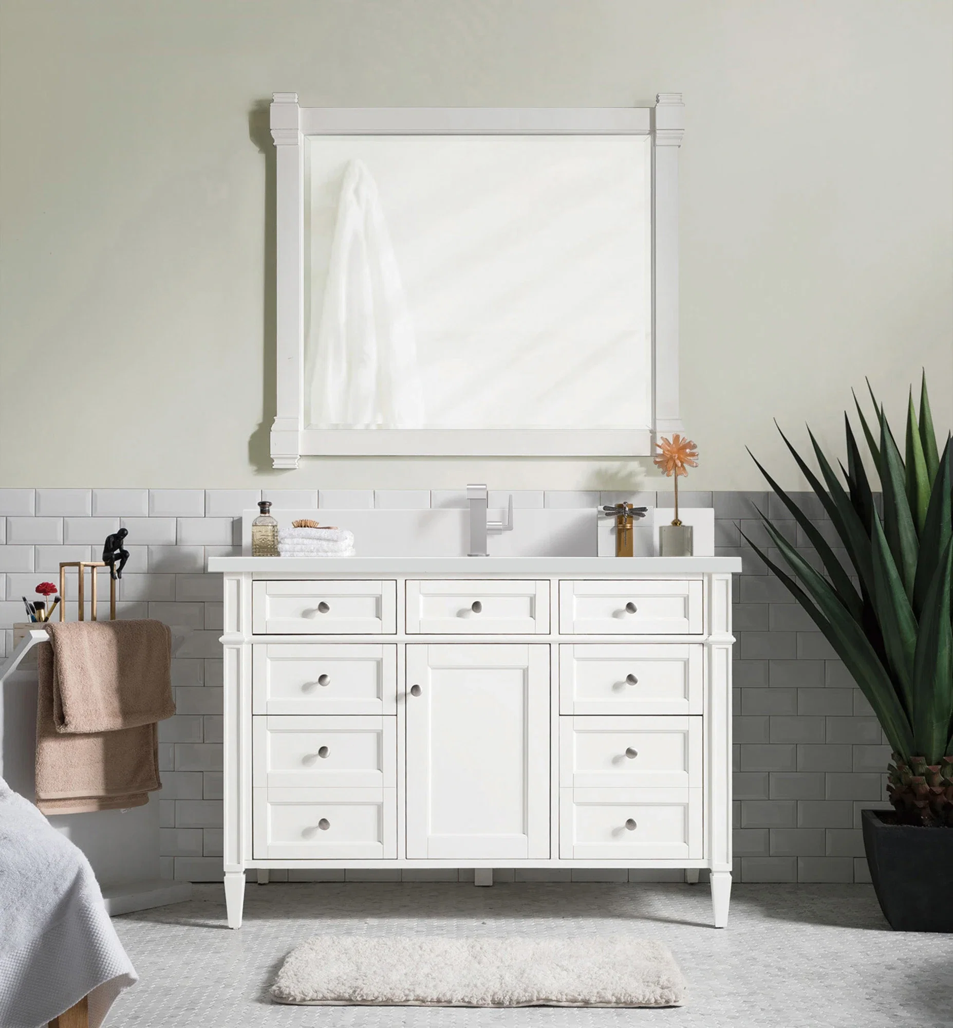 Brittany 48" Single Vanity, Bright White w/ Single Hole 3 CM White Zeus Silestone Top & Backsplash