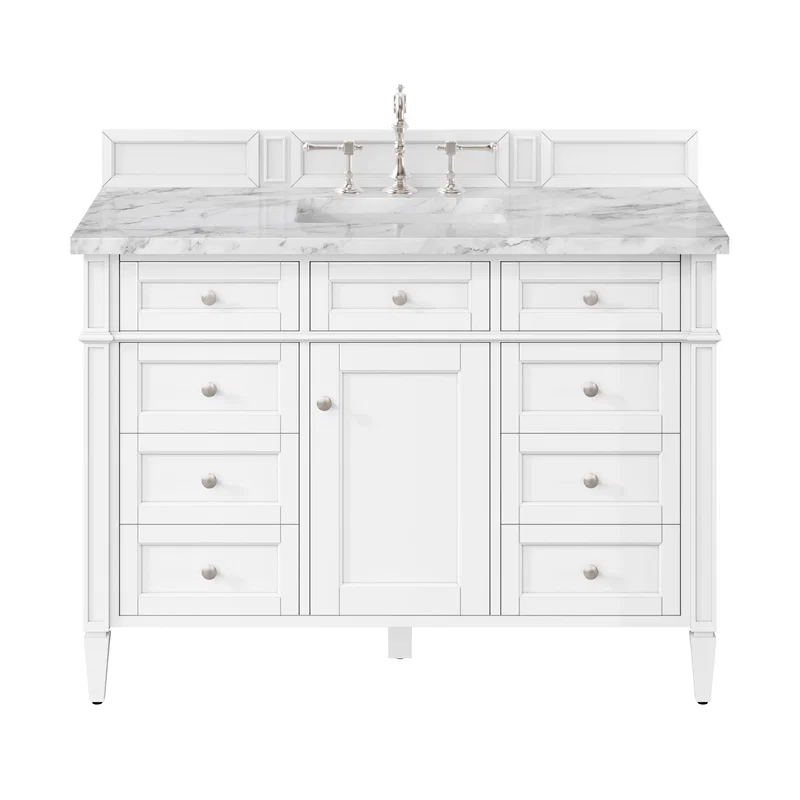Brittany 48" Single Vanity, Bright White w/ 3 CM Carrara Marble Top