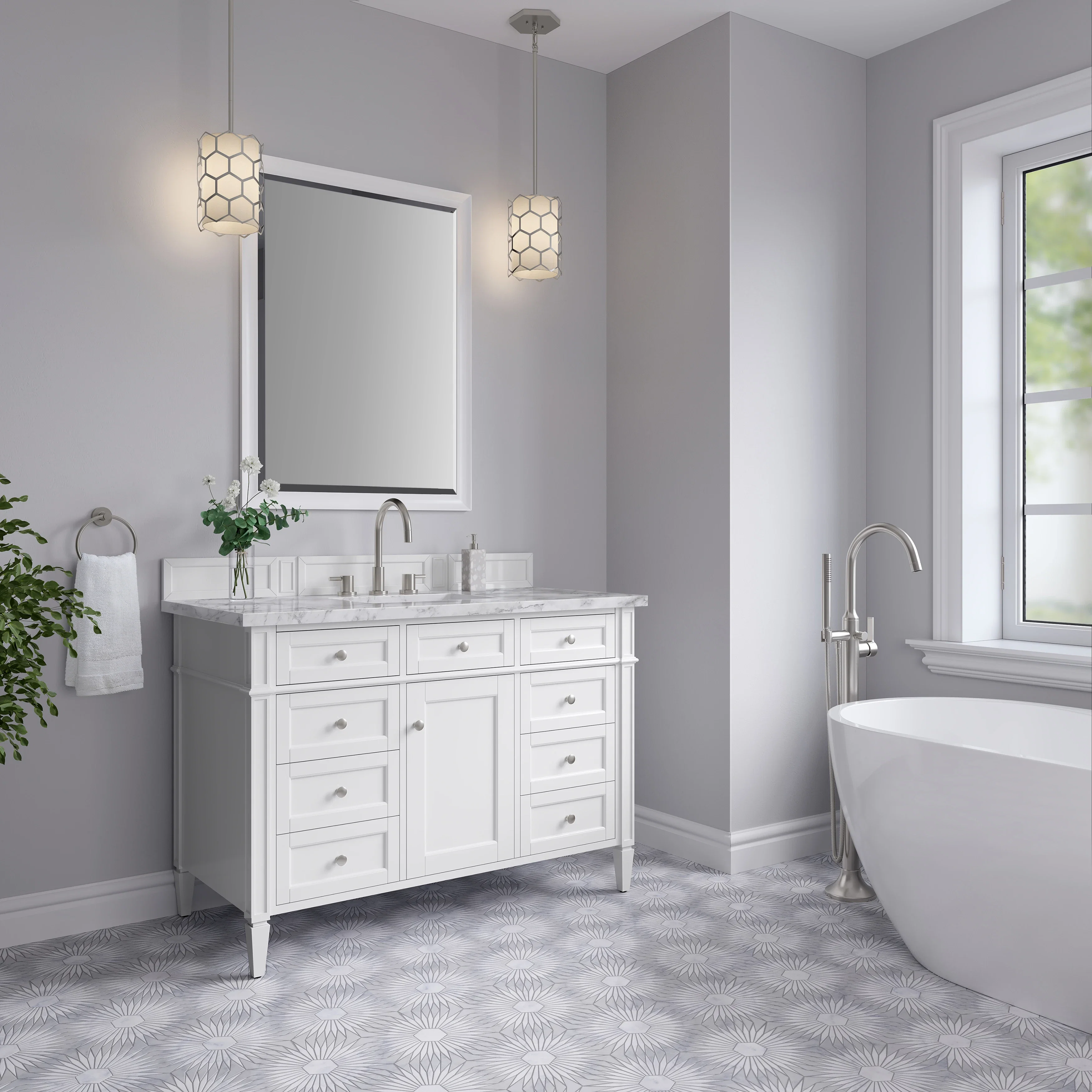 Brittany 48" Single Vanity, Bright White w/ 3 CM Carrara Marble Top