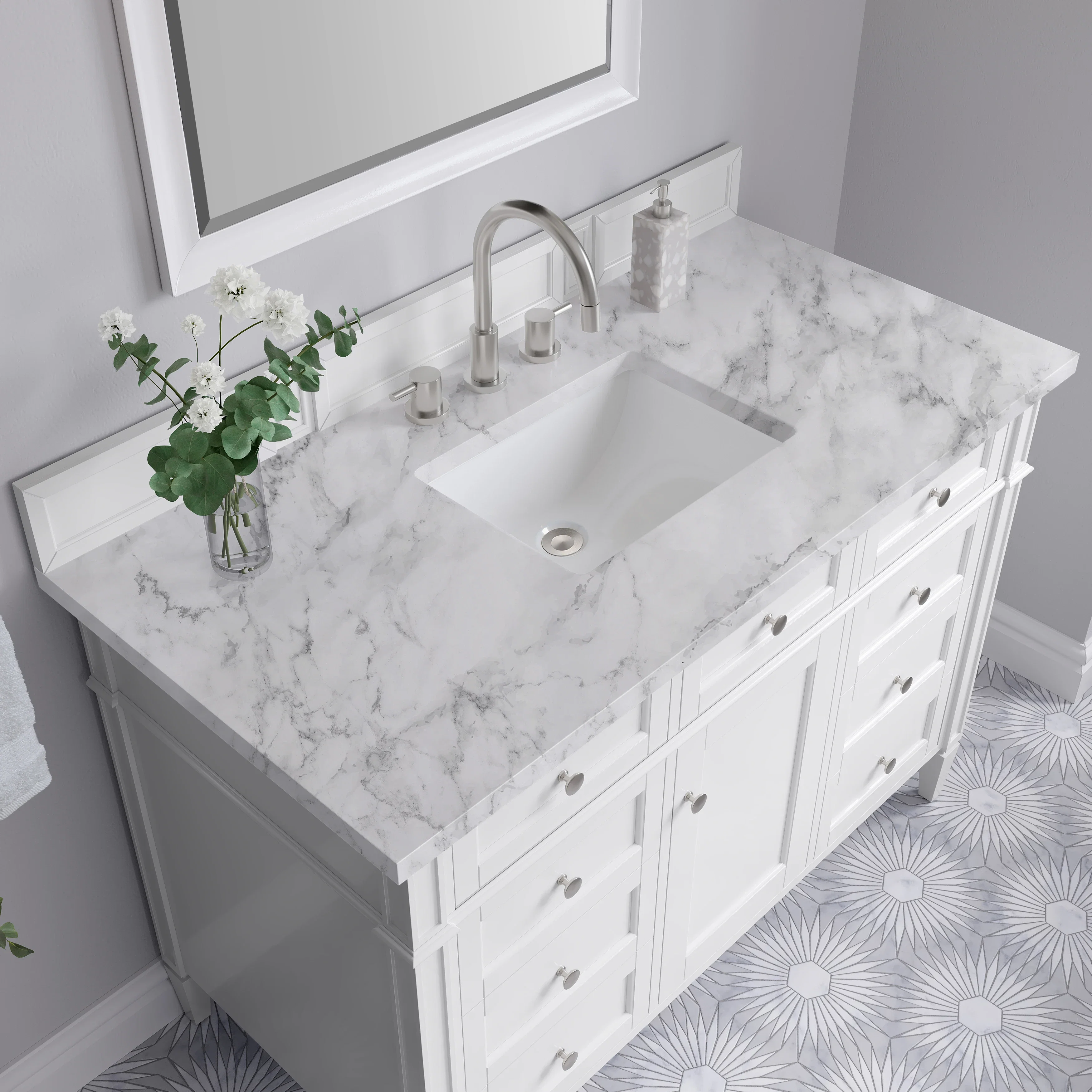 Brittany 48" Single Vanity, Bright White w/ 3 CM Carrara Marble Top