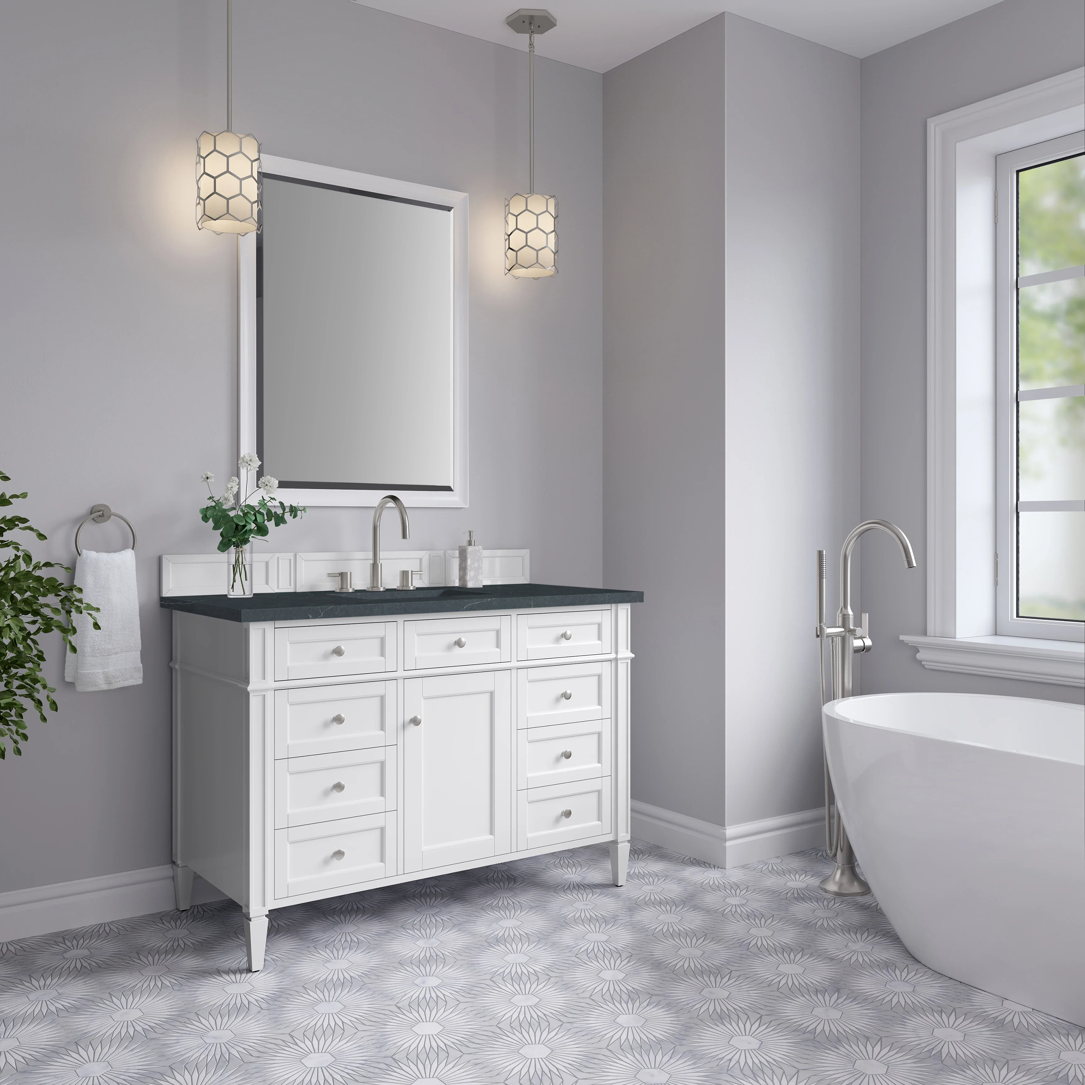Brittany 48" Single Vanity, Bright White w/ 3 CM Charcoal Soapstone Silestone Top