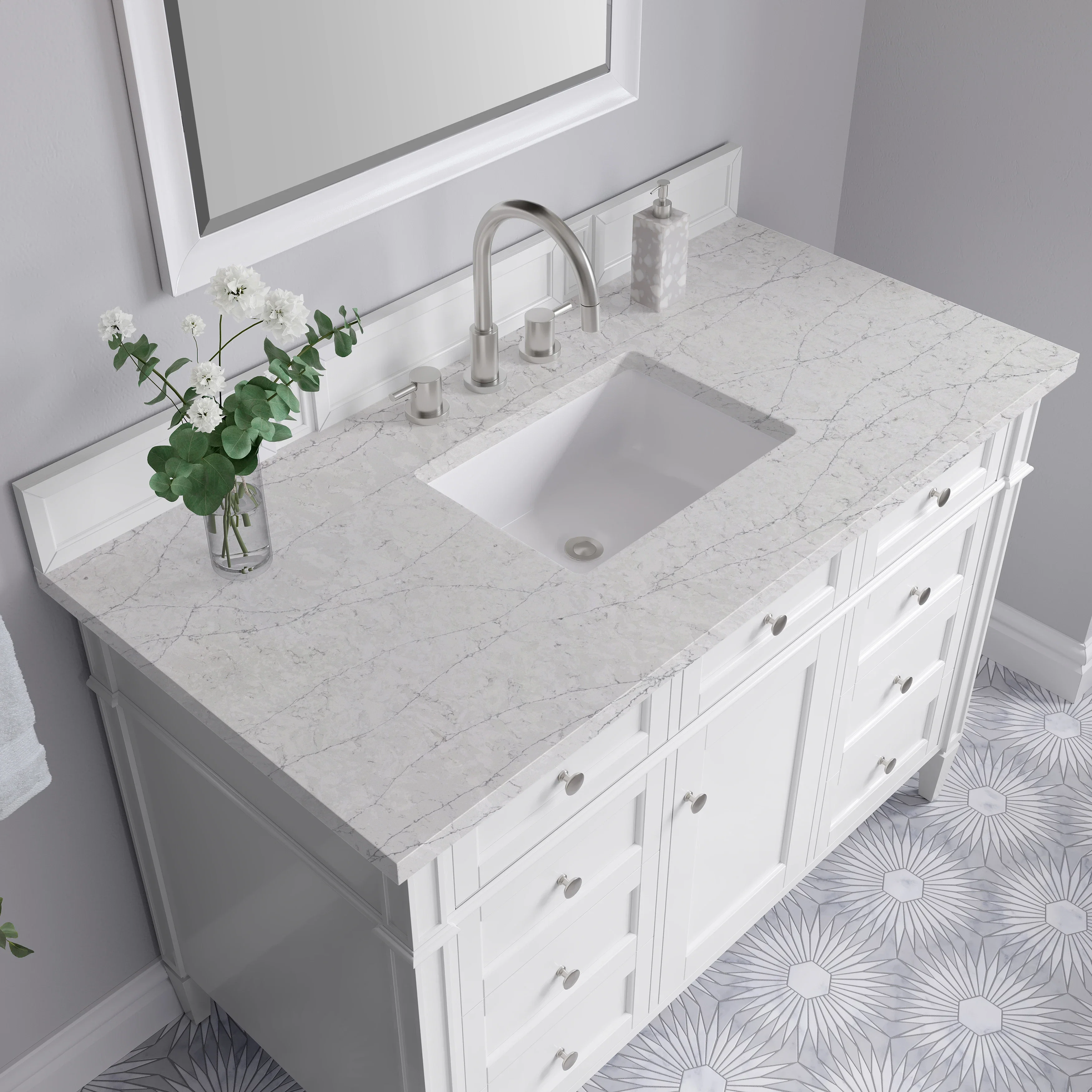 Brittany 48" Single Vanity, Bright White w/ 3 CM Eternal Jasmine Pearl Silestone Top