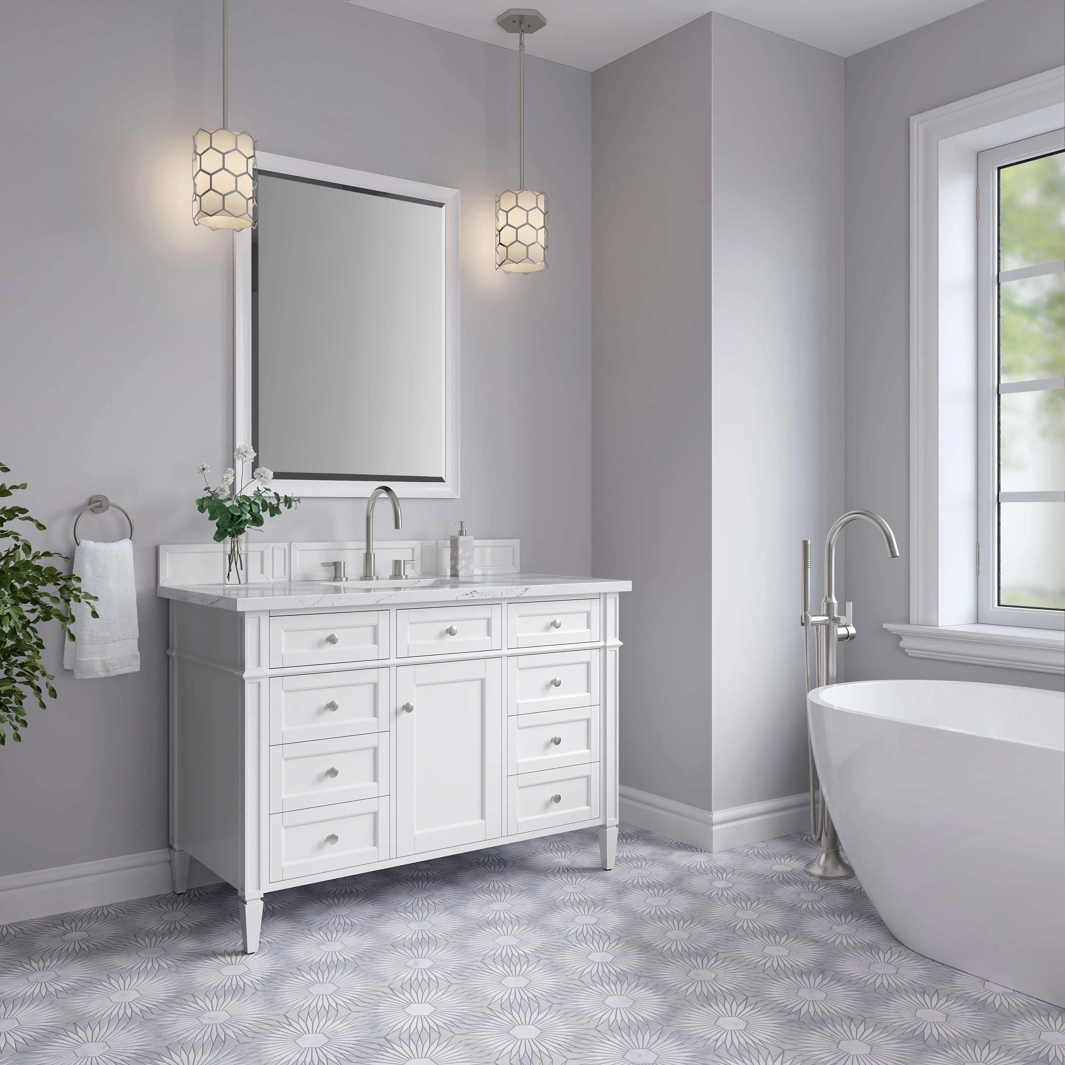 Brittany 48" Single Vanity, Bright White w/ 3 CM Ethereal Noctis Silestone Top