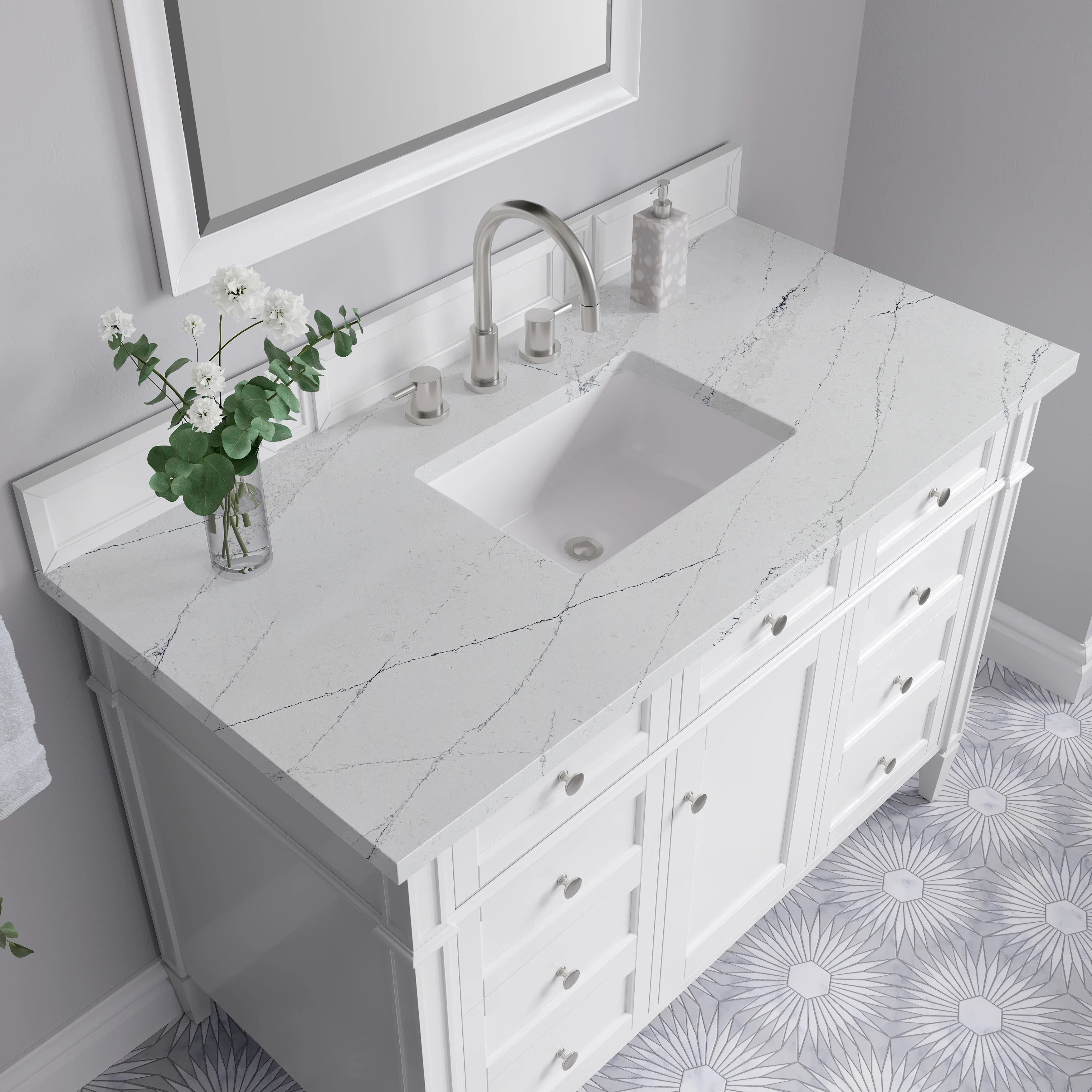 Brittany 48" Single Vanity, Bright White w/ 3 CM Ethereal Noctis Silestone Top