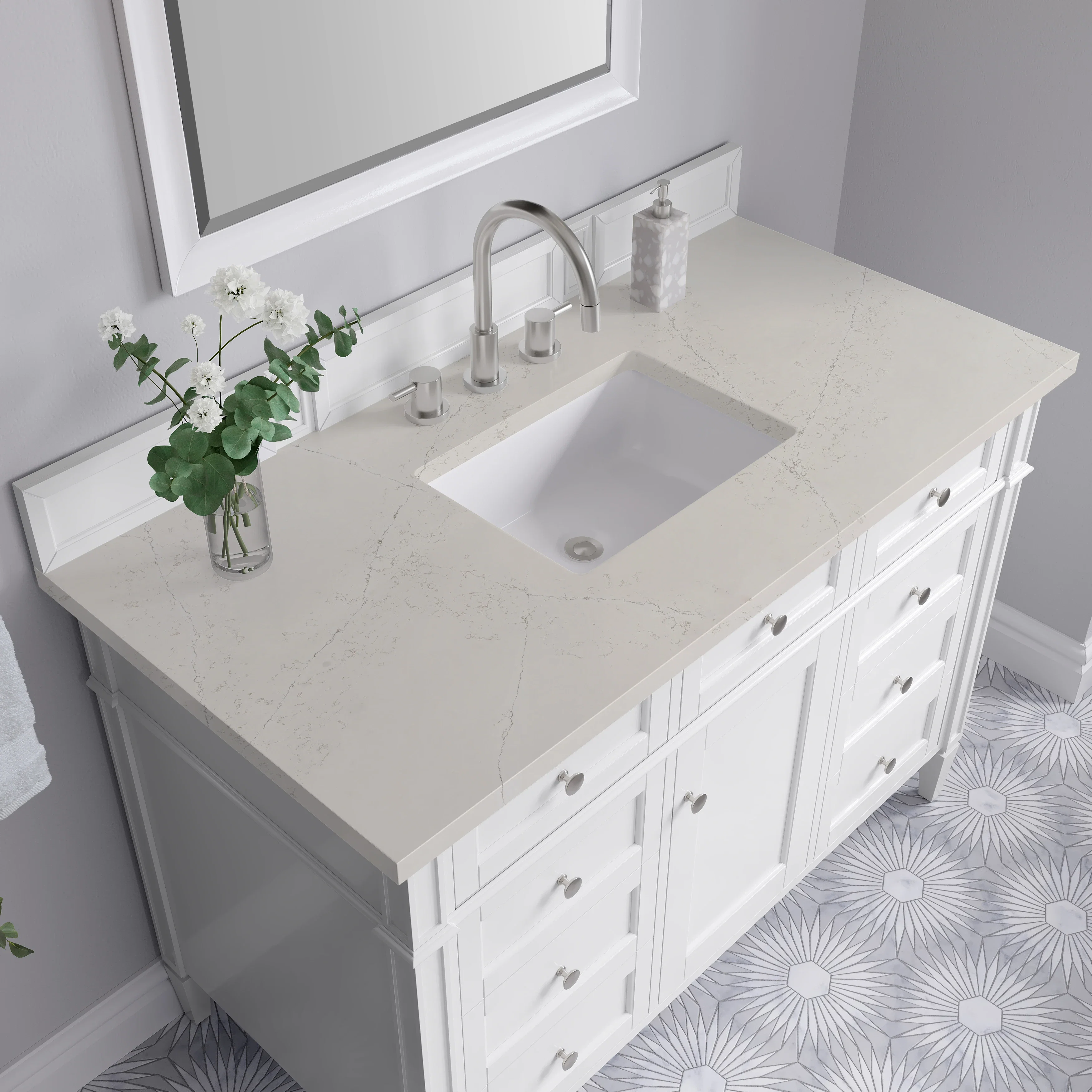 Brittany 48" Single Vanity in Bright White, w/ 3 CM Siberian Silestone Top