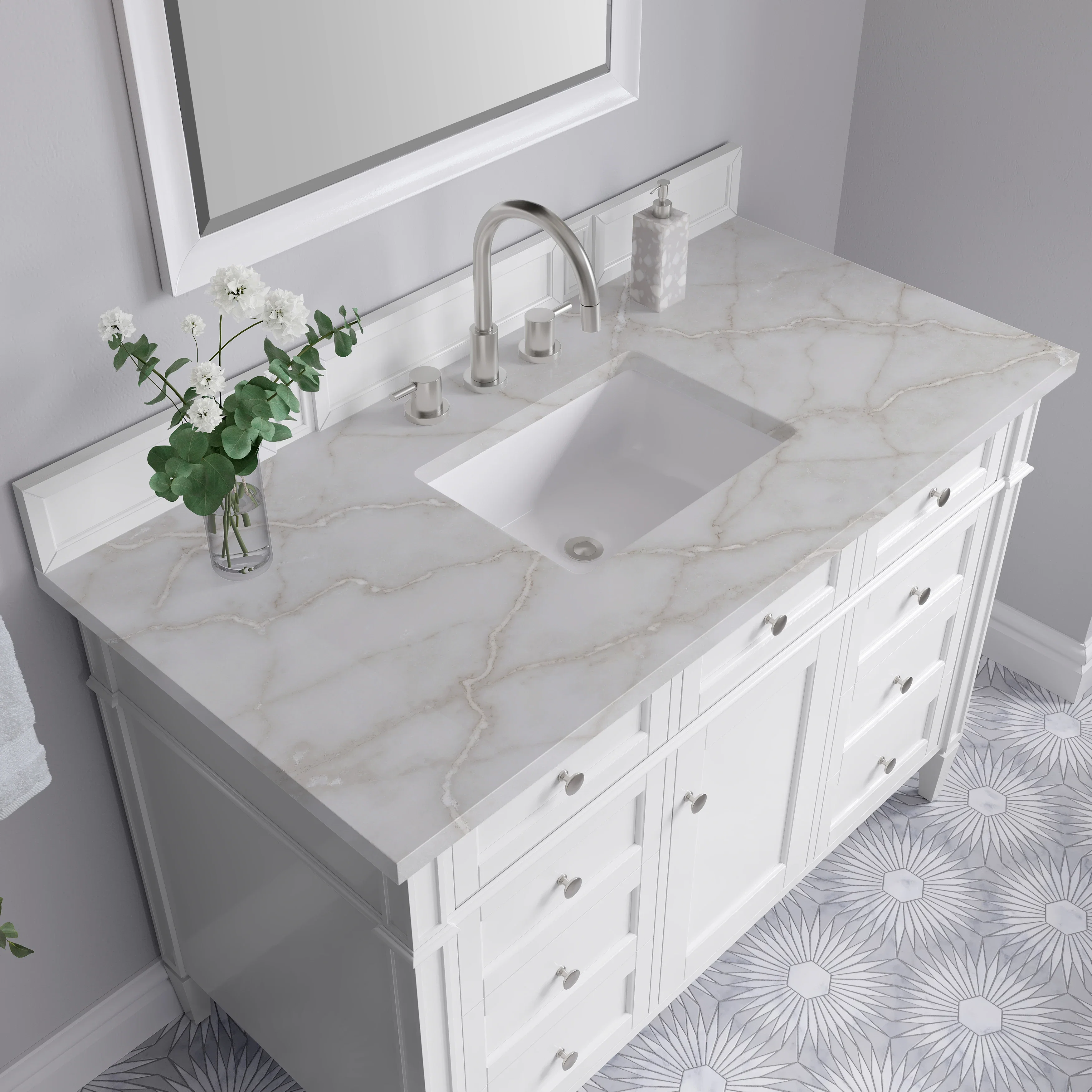 Brittany 48" Single Vanity, Bright White w/ 3 CM Victorian Silver Silestone Top