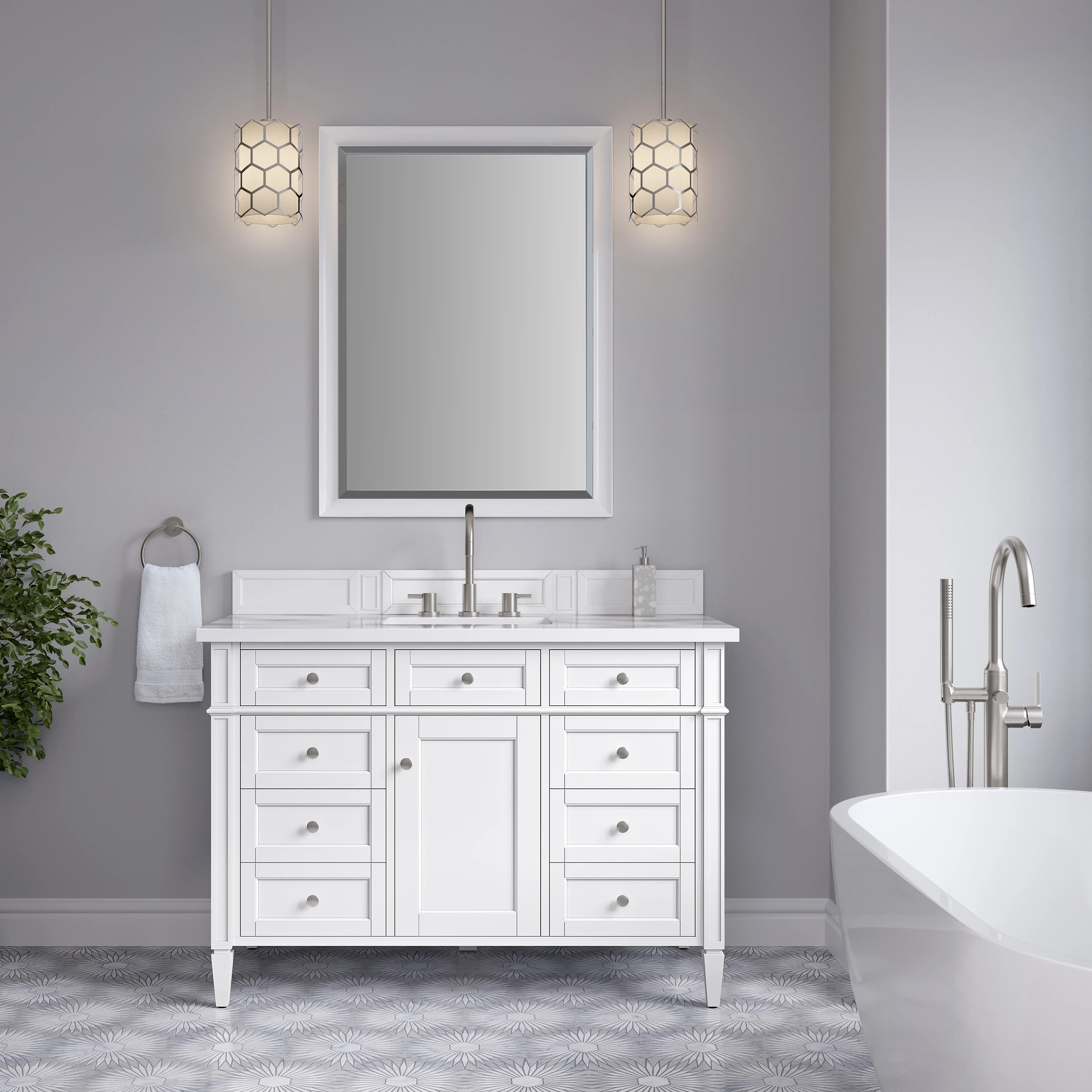 Brittany 48" Single Vanity, Bright White w/ 3 CM White Zeus Silestone Top