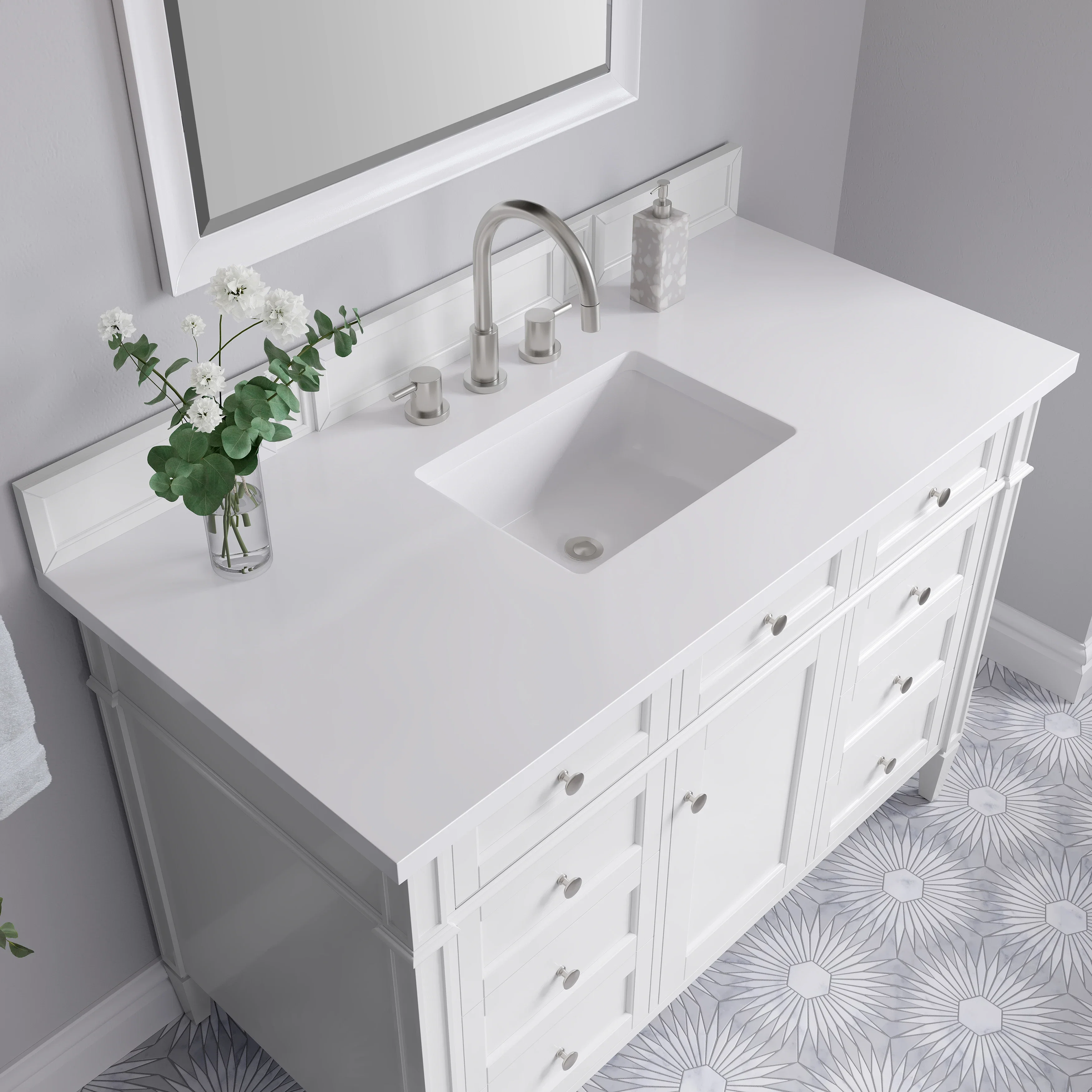 Brittany 48" Single Vanity, Bright White w/ 3 CM White Zeus Silestone Top