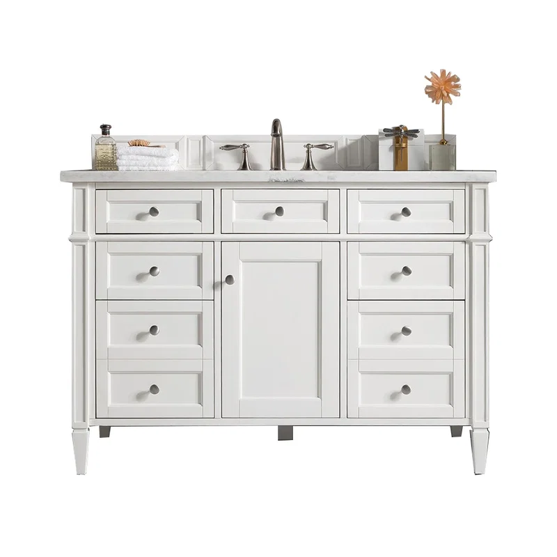 Brittany 48" Single Vanity, Bright White w/ 3 CM Eternal Jasmine Pearl Silestone Top w/FreePower Wireless Charger