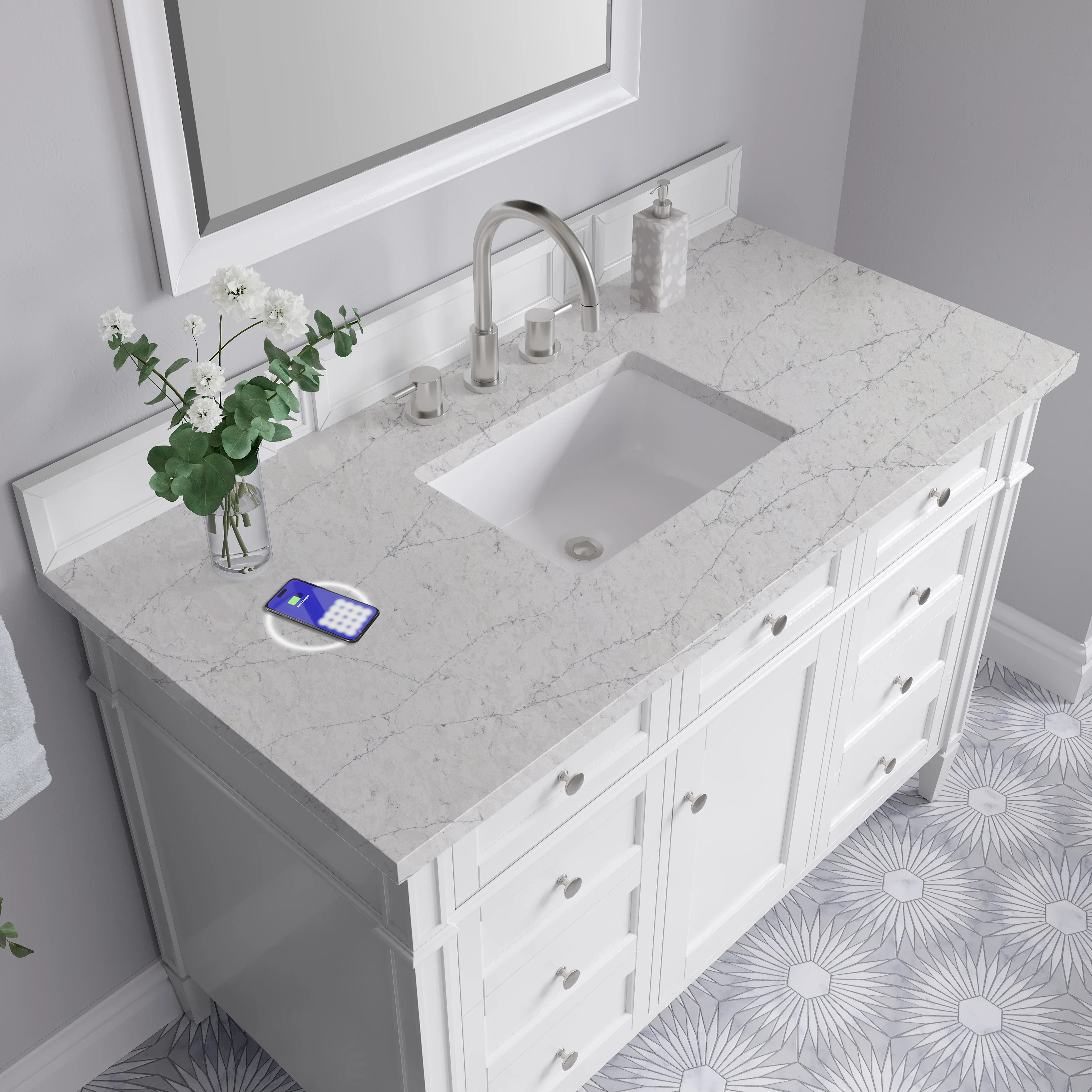 Brittany 48" Single Vanity, Bright White w/ 3 CM Eternal Jasmine Pearl Silestone Top w/FreePower Wireless Charger