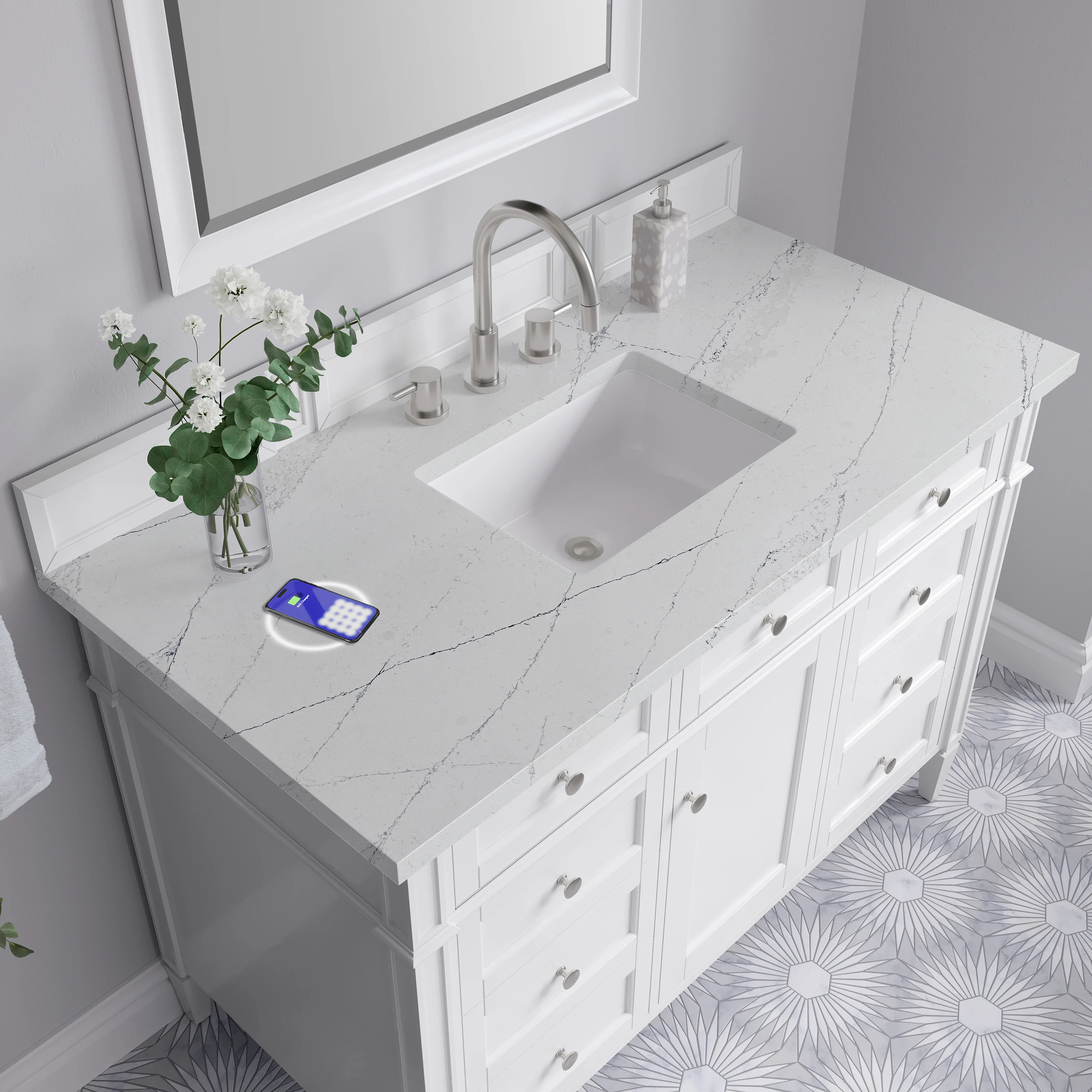 Brittany 48" Single Vanity, Bright White w/ 3 CM Ethereal Noctis Silestone Top w/FreePower Wireless Charger