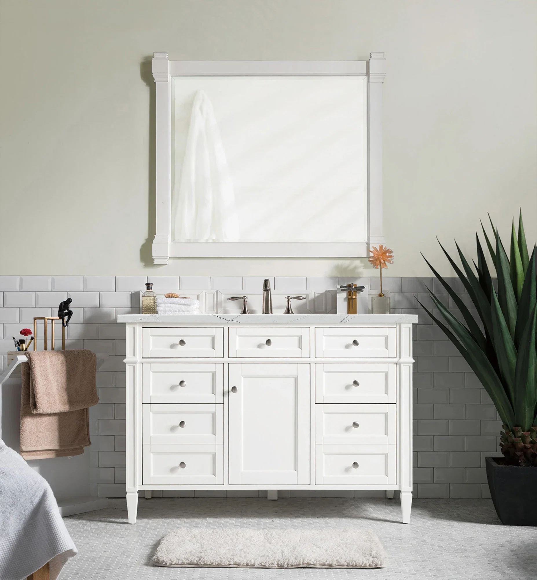 Brittany 48" Single Vanity, Bright White w/ 3 CM Ethereal Noctis Silestone Top w/FreePower Wireless Charger