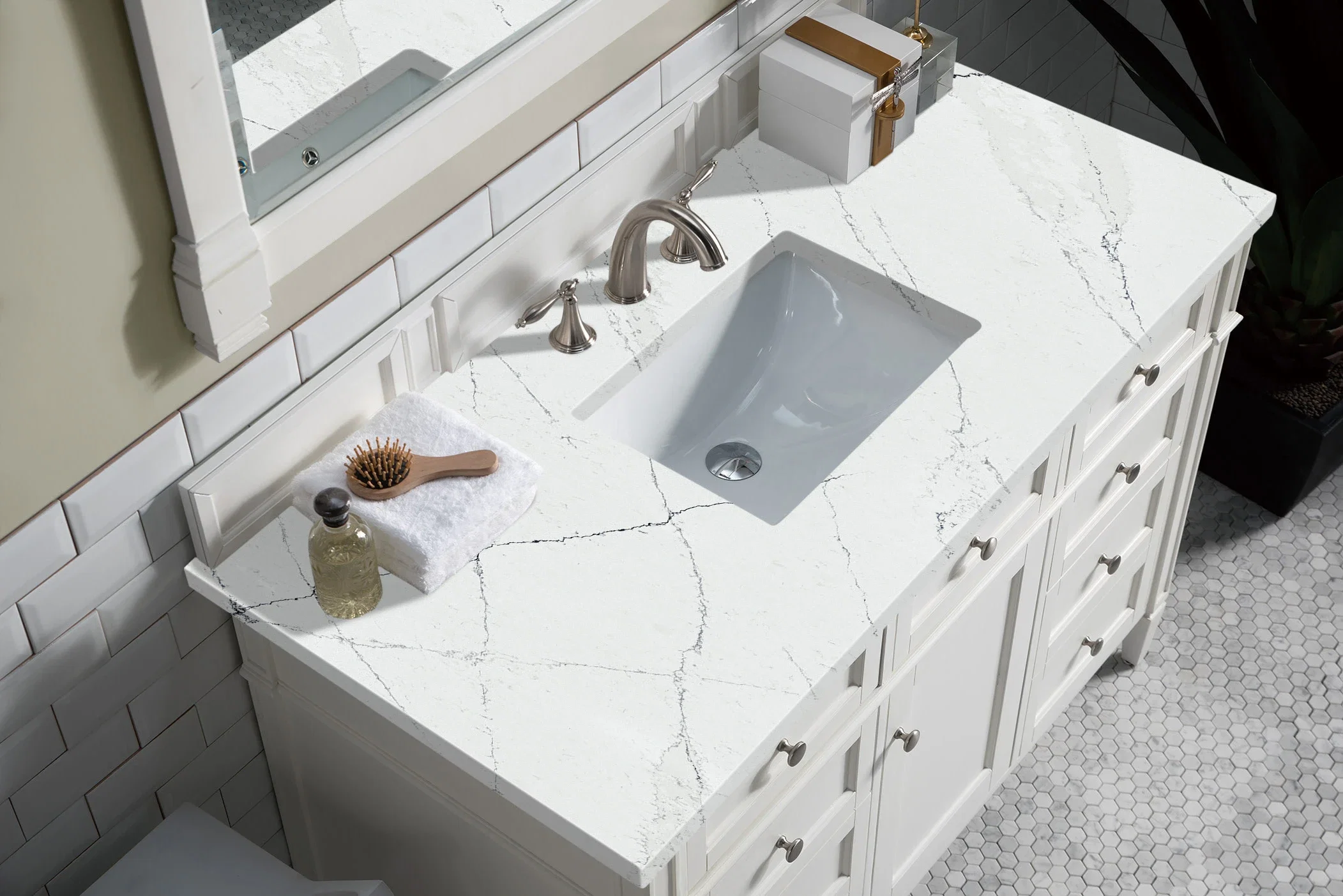 Brittany 48" Single Vanity, Bright White w/ 3 CM Ethereal Noctis Silestone Top w/FreePower Wireless Charger