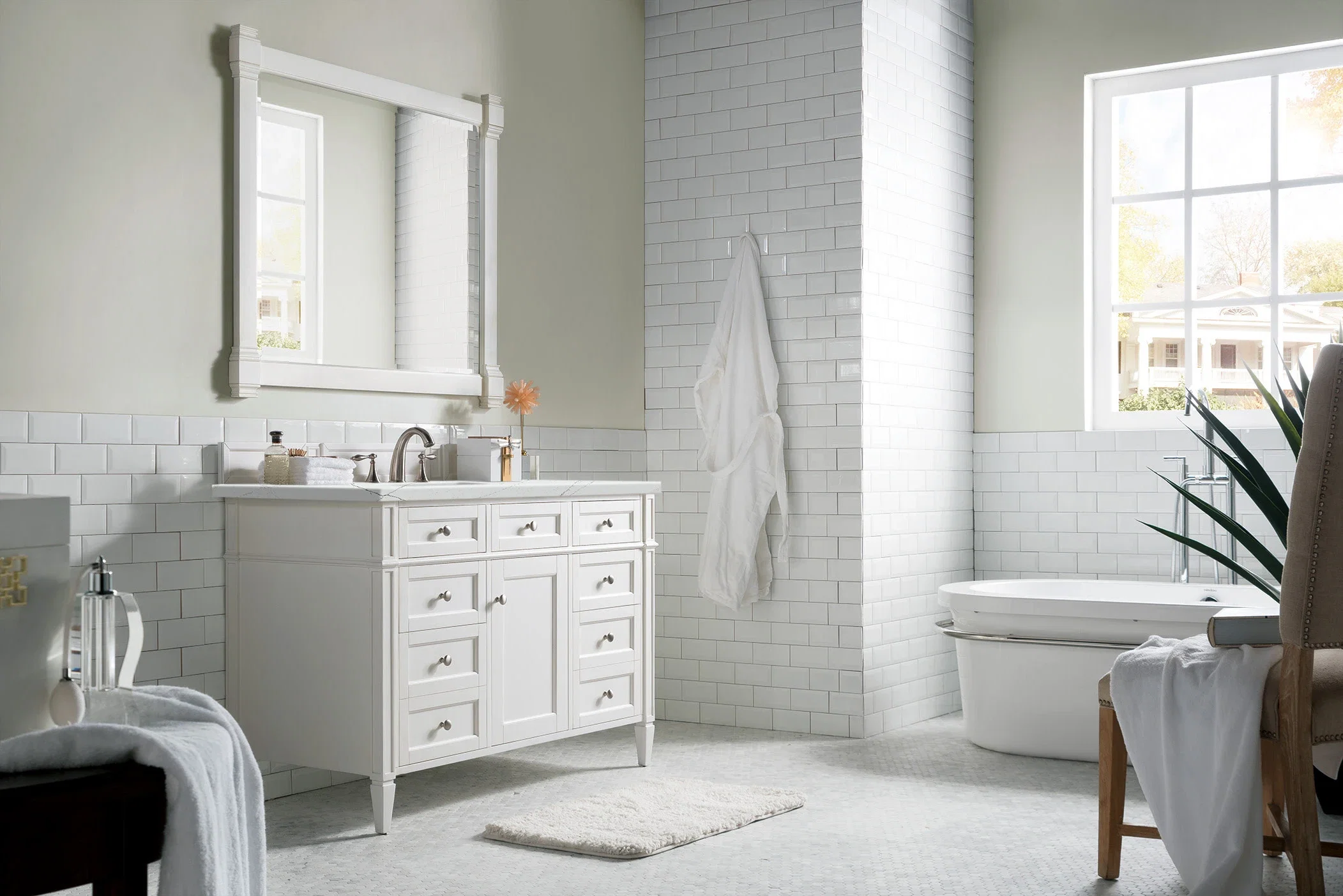 Brittany 48" Single Vanity, Bright White w/ 3 CM Ethereal Noctis Silestone Top w/FreePower Wireless Charger