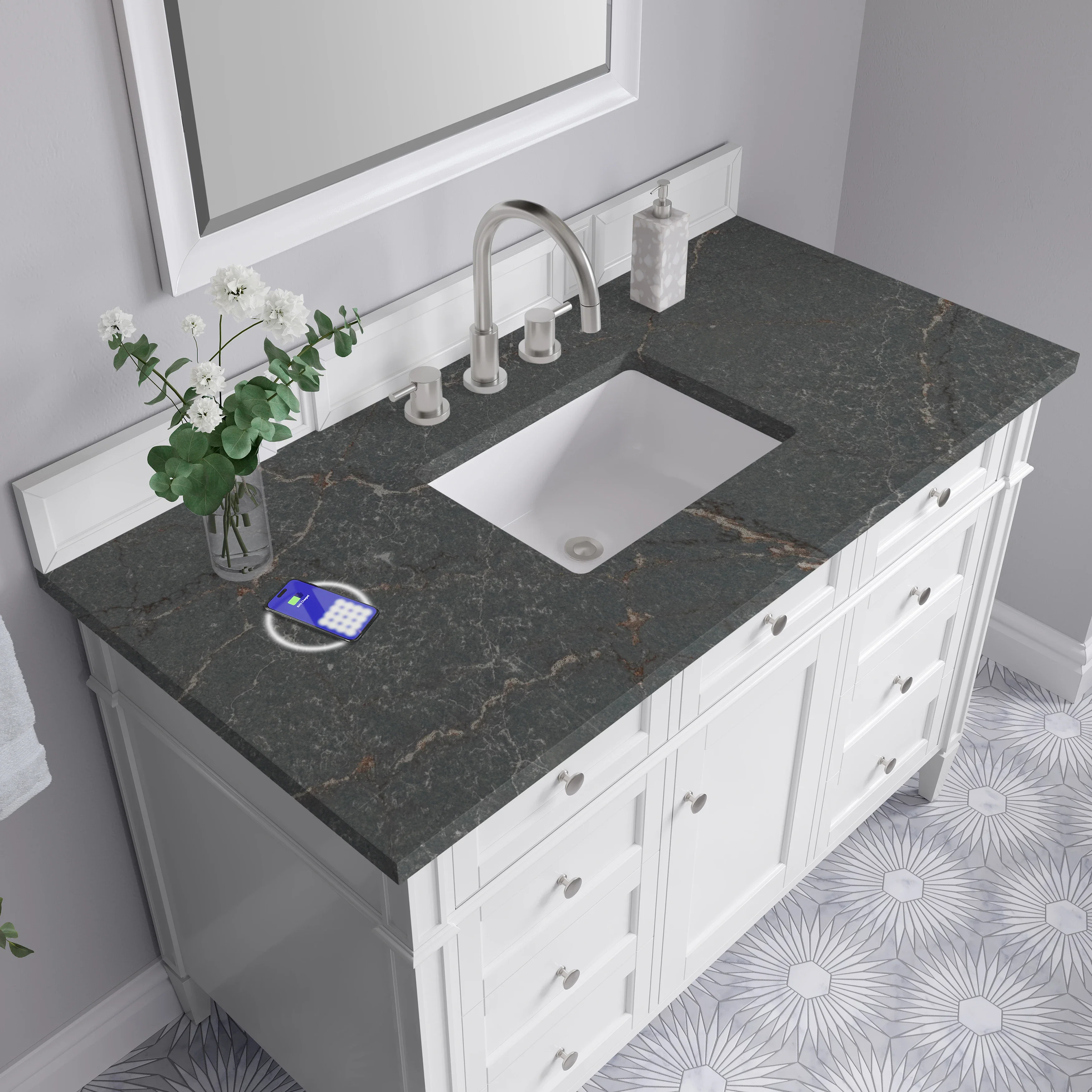 Brittany 48" Single Vanity, Bright White w/ 3 CM Parisien Bleu Silestone Top w/FreePower Wireless Charger