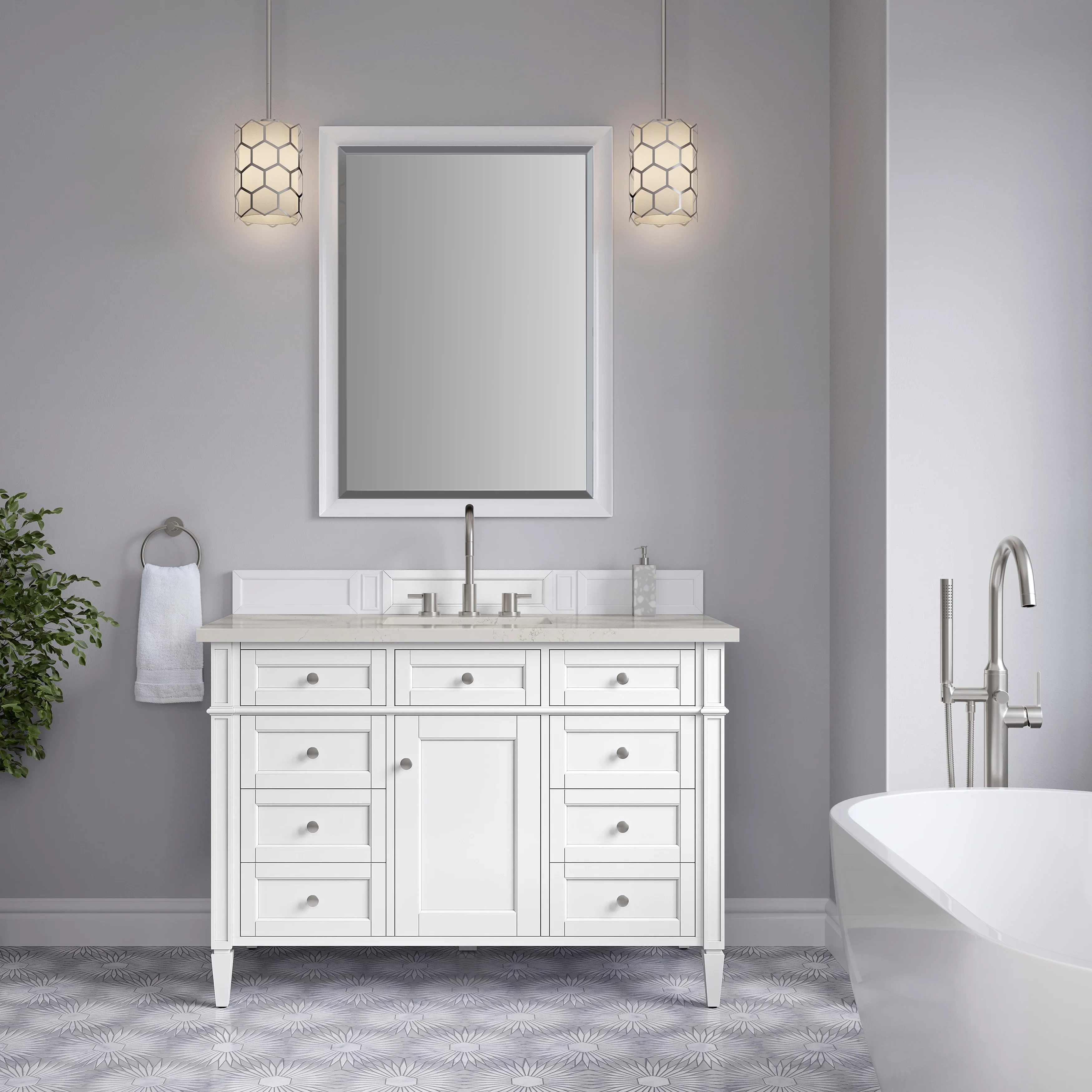 Brittany 48" Single Vanity in Bright White, w/ 3 CM Siberian Silestone Top w/FreePower Wireless Charger