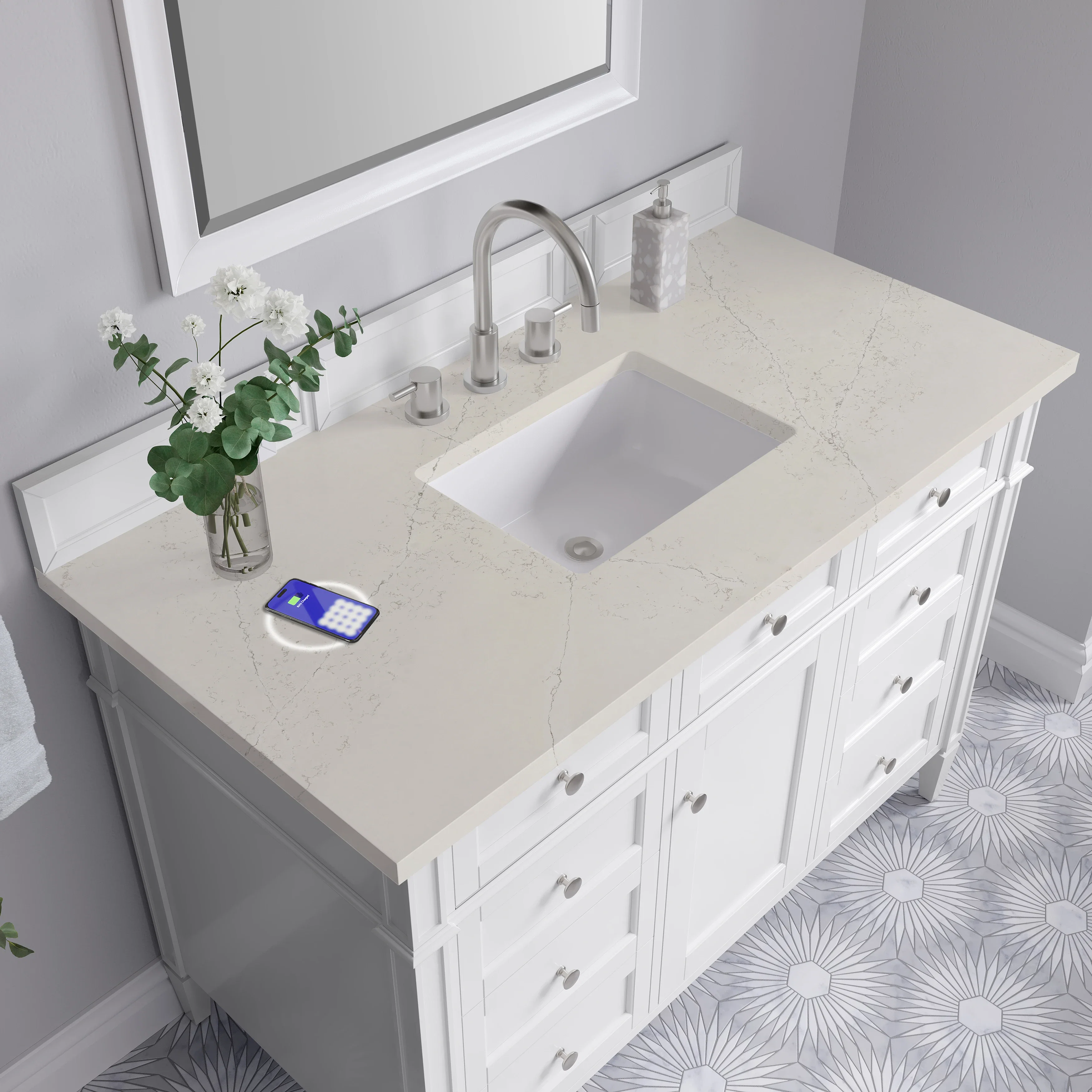 Brittany 48" Single Vanity in Bright White, w/ 3 CM Siberian Silestone Top w/FreePower Wireless Charger