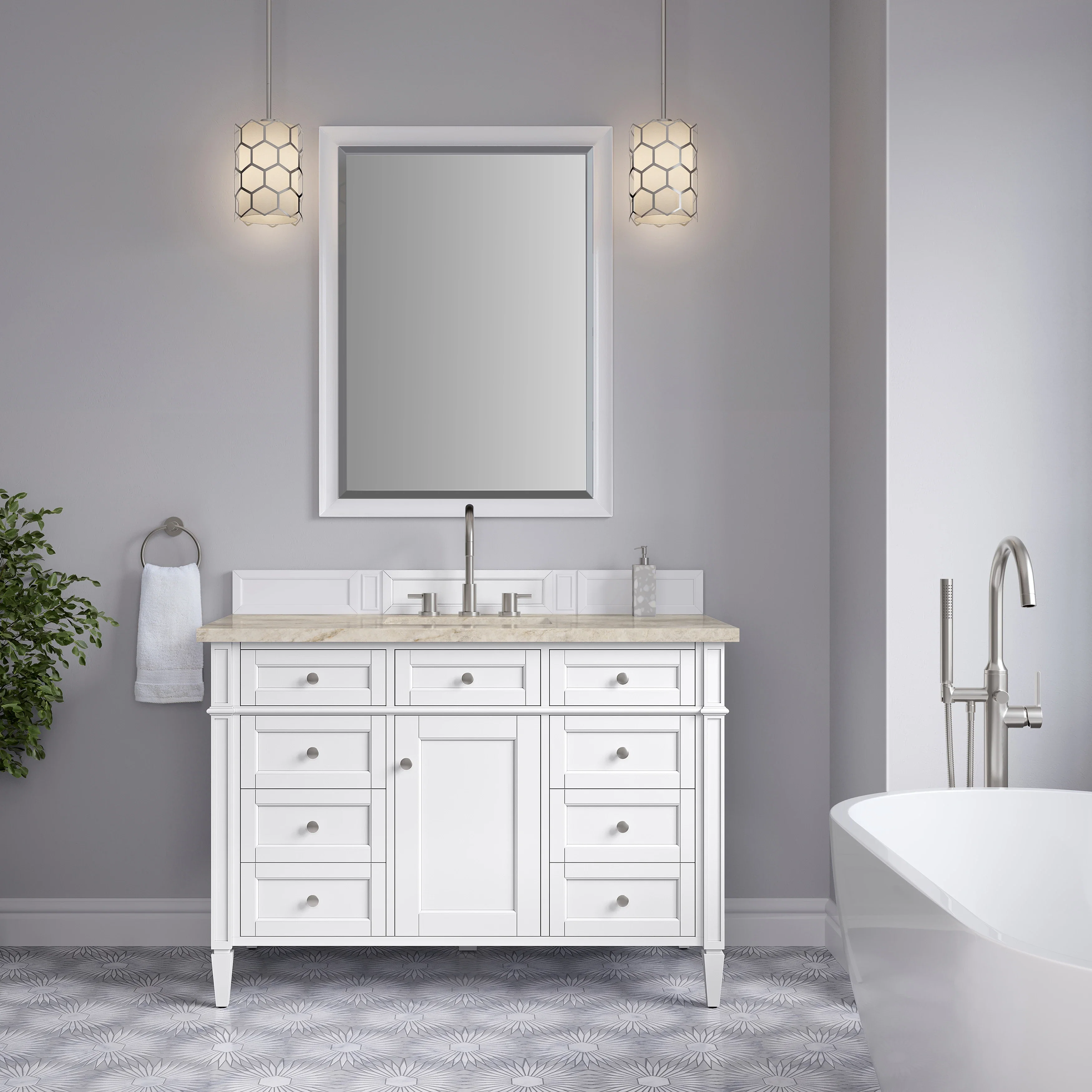 Brittany 48" Single Vanity in Bright White, w/ 3 CM Tajnar Eclos Top w/FreePower Wireless Charger