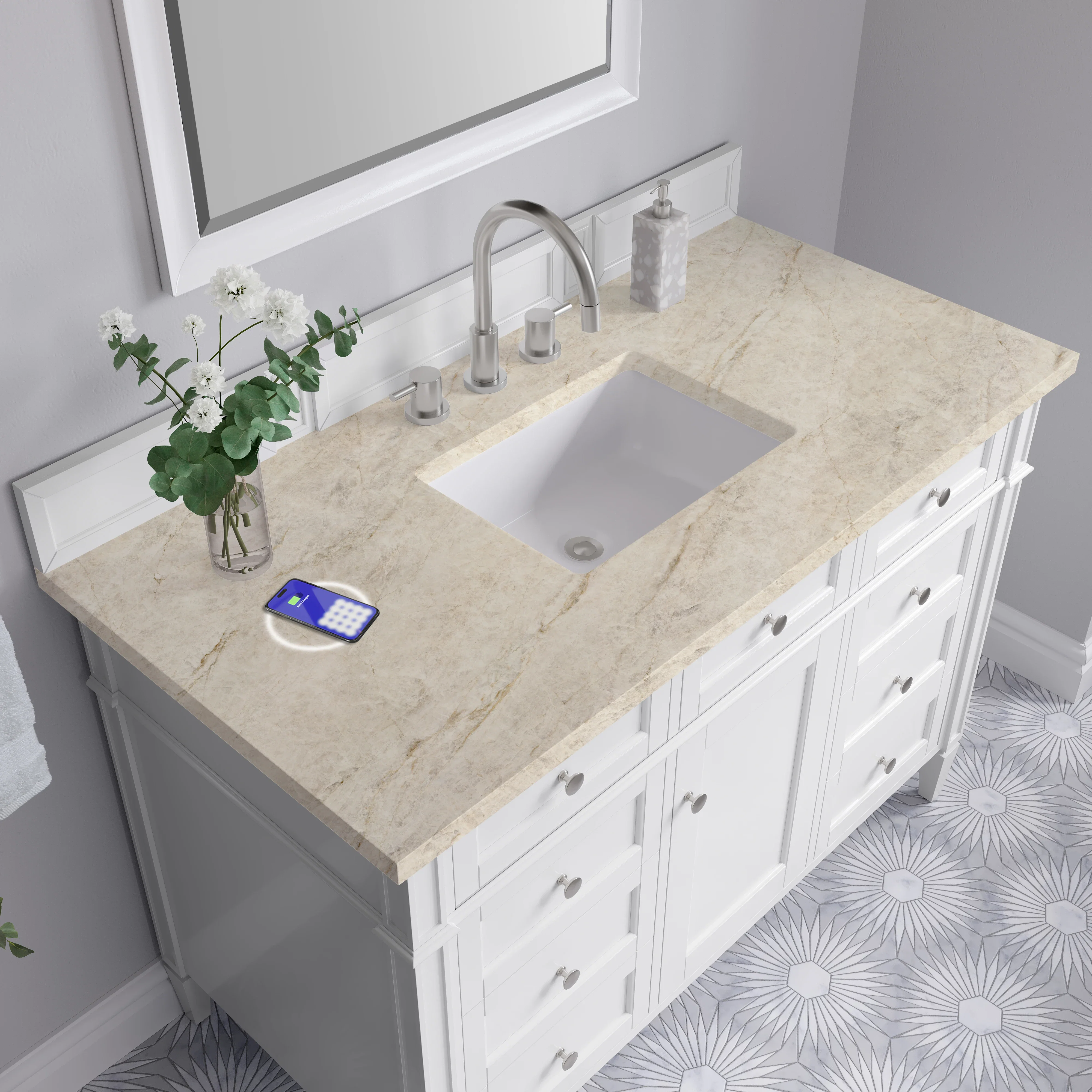 Brittany 48" Single Vanity in Bright White, w/ 3 CM Tajnar Eclos Top w/FreePower Wireless Charger