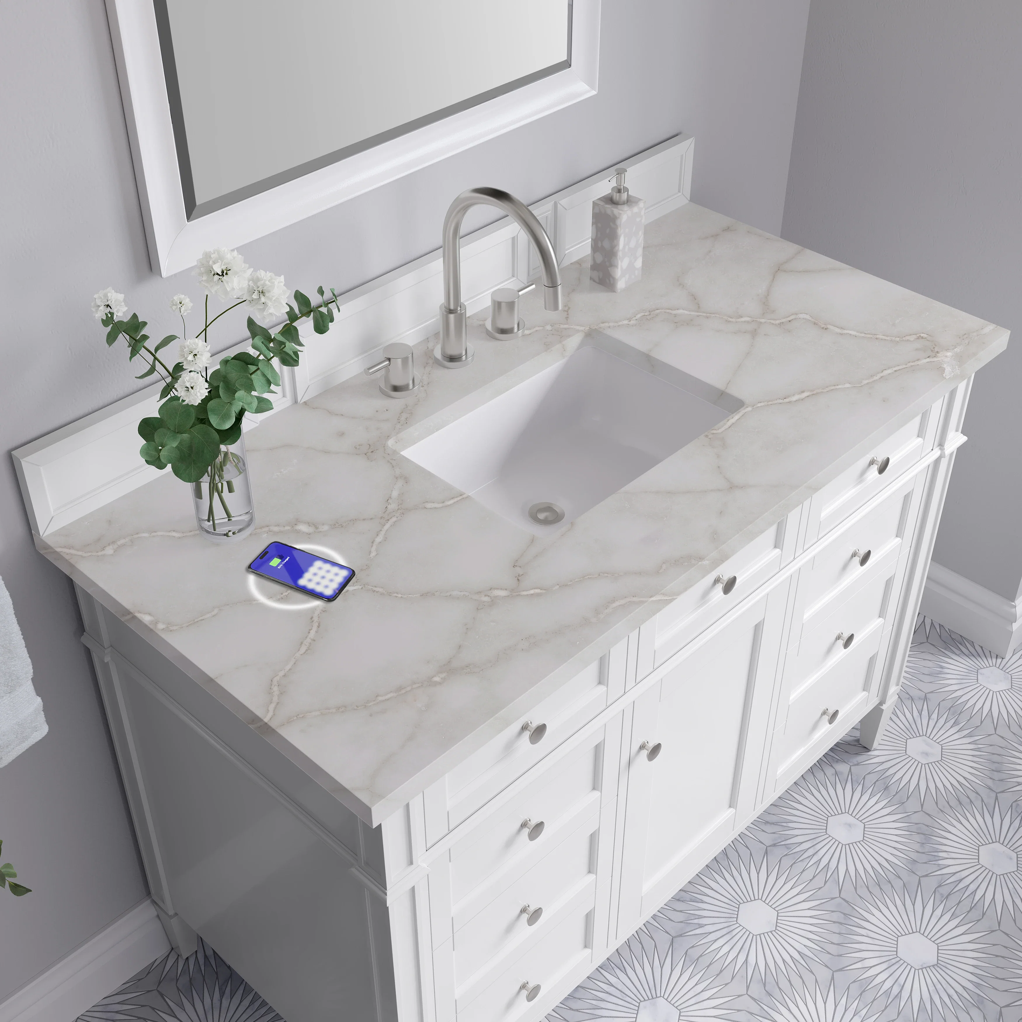 Brittany 48" Single Vanity, Bright White w/ 3 CM Victorian Silver Silestone Top w/FreePower Wireless Charger