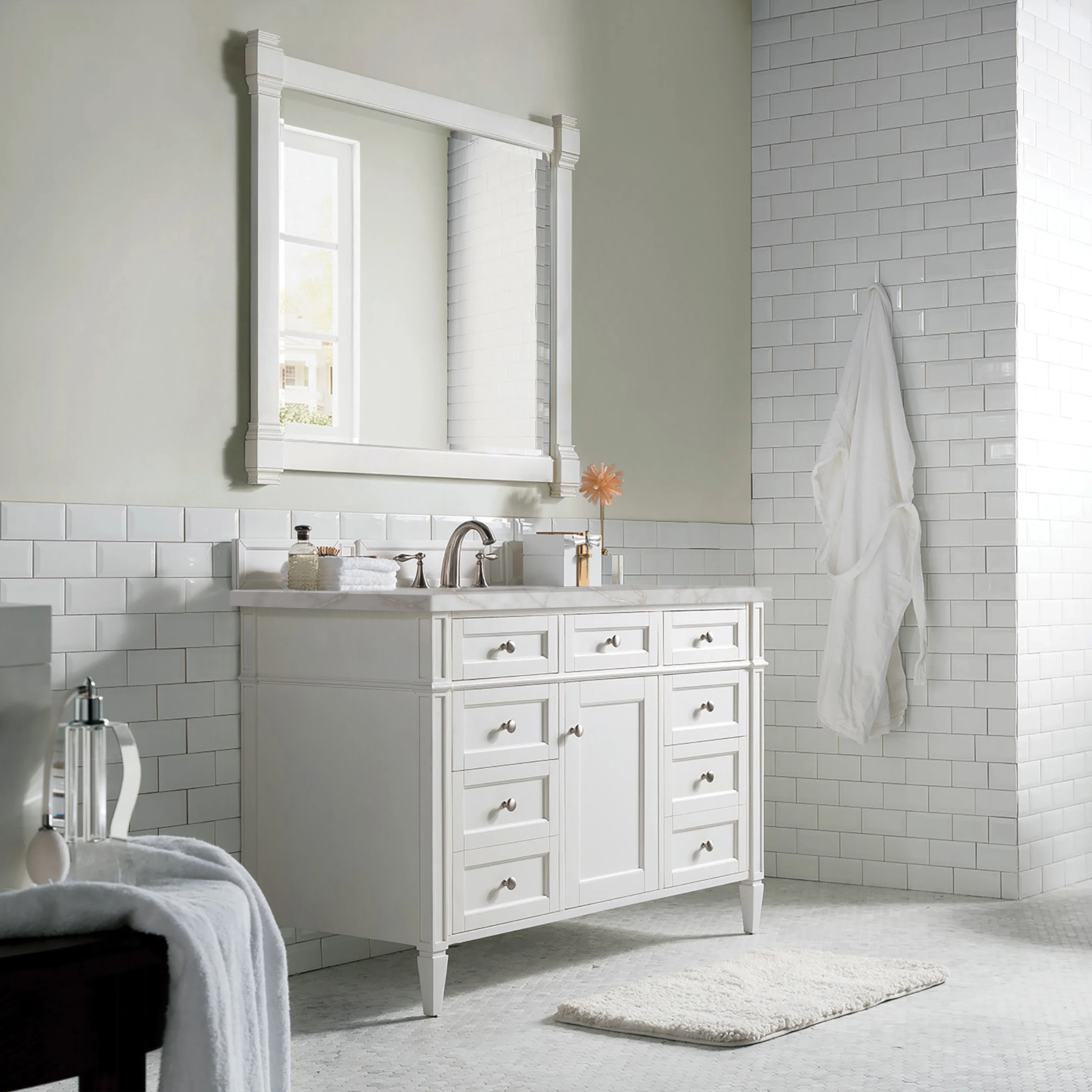 Brittany 48" Single Vanity, Bright White w/ 3 CM Victorian Silver Silestone Top w/FreePower Wireless Charger
