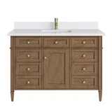 Brittany 48" Single Vanity, Pecan w/ Single Hole 3 CM White Zeus Silestone Top and Matching Backsplash