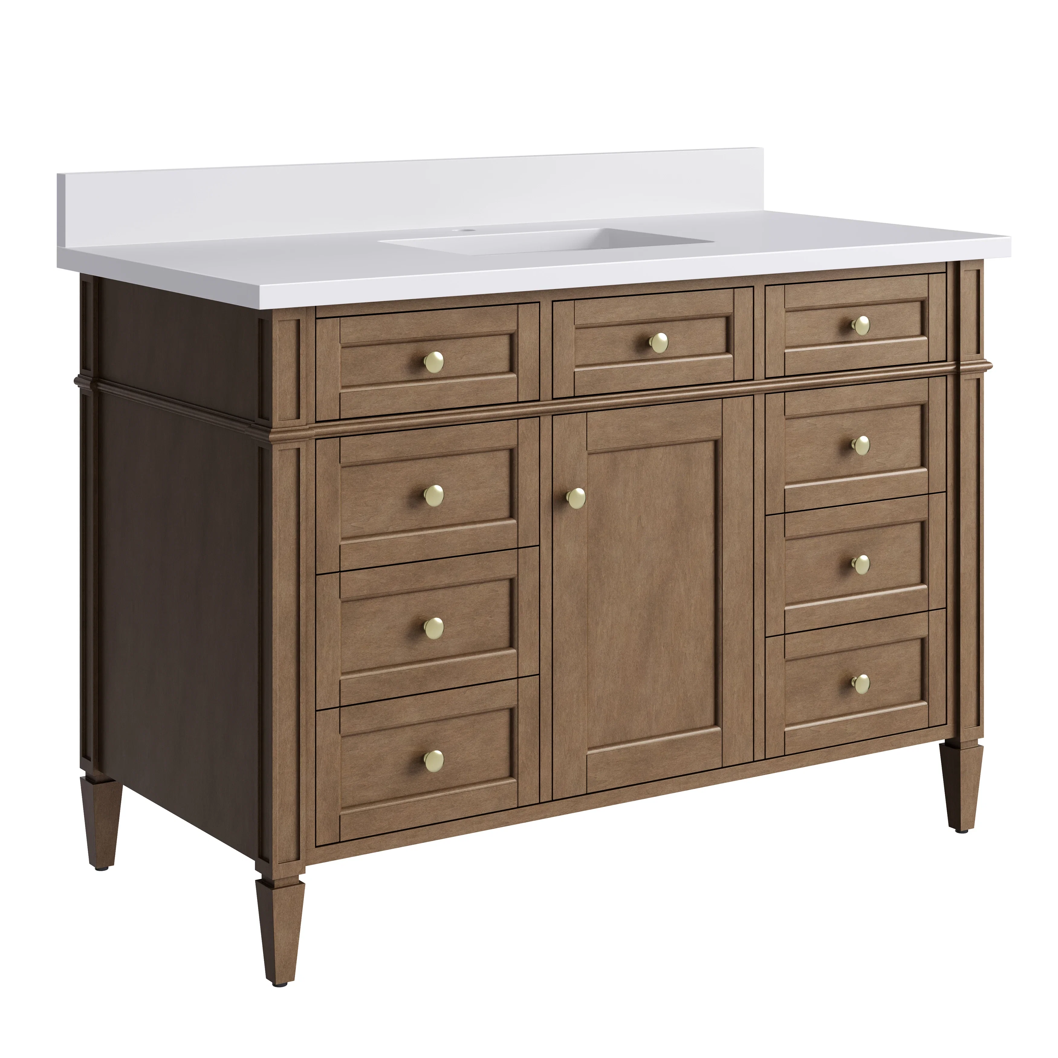 Brittany 48" Single Vanity, Pecan w/ Single Hole 3 CM White Zeus Silestone Top and Matching Backsplash