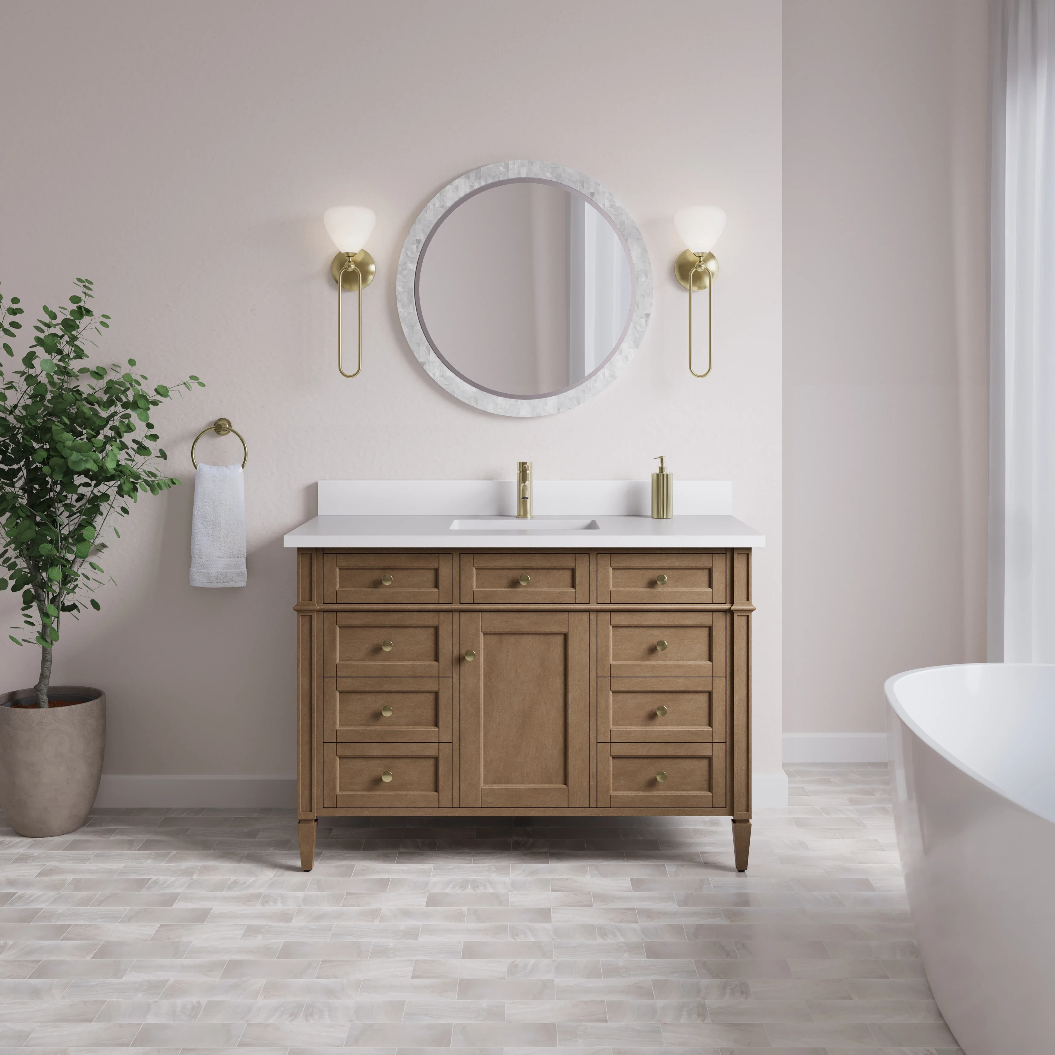 Brittany 48" Single Vanity, Pecan w/ Single Hole 3 CM White Zeus Silestone Top and Matching Backsplash