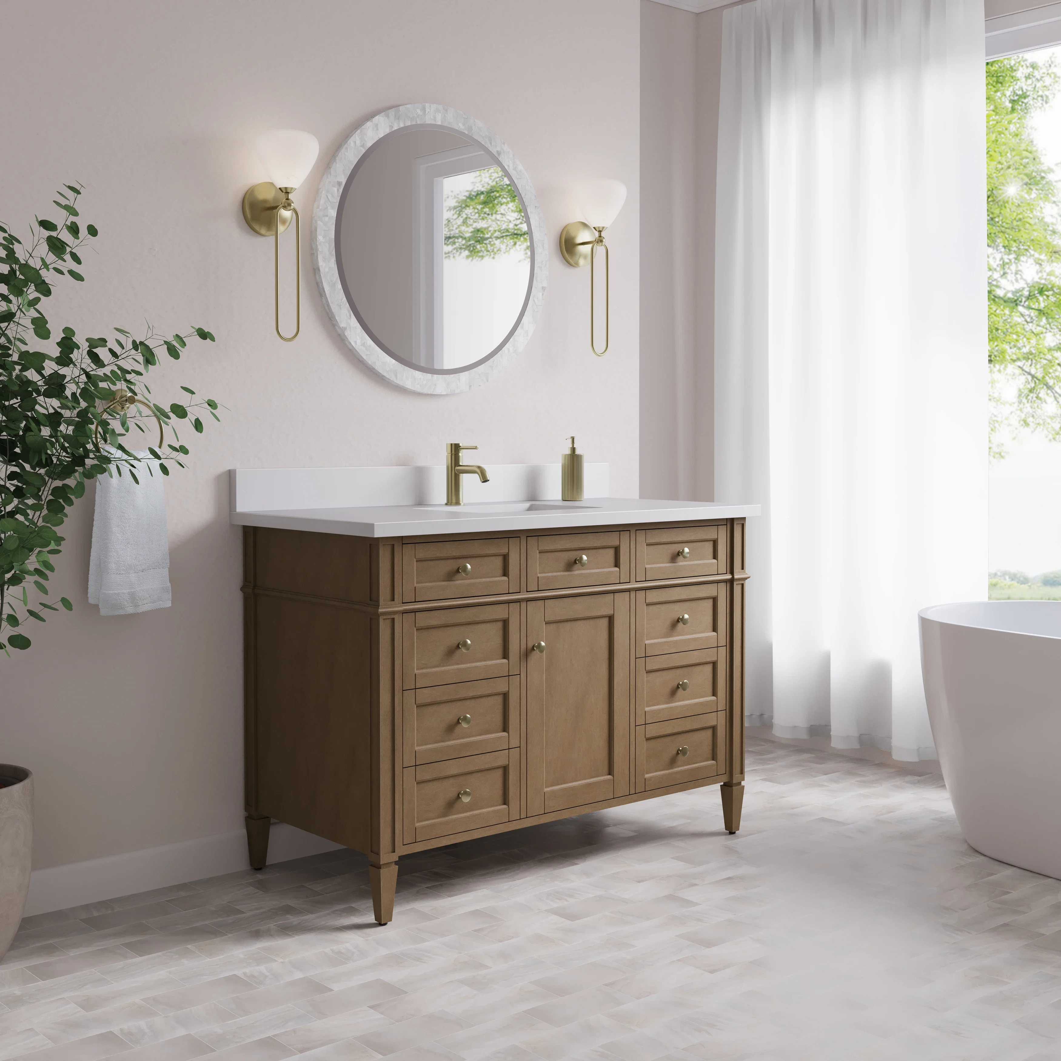 Brittany 48" Single Vanity, Pecan w/ Single Hole 3 CM White Zeus Silestone Top and Matching Backsplash