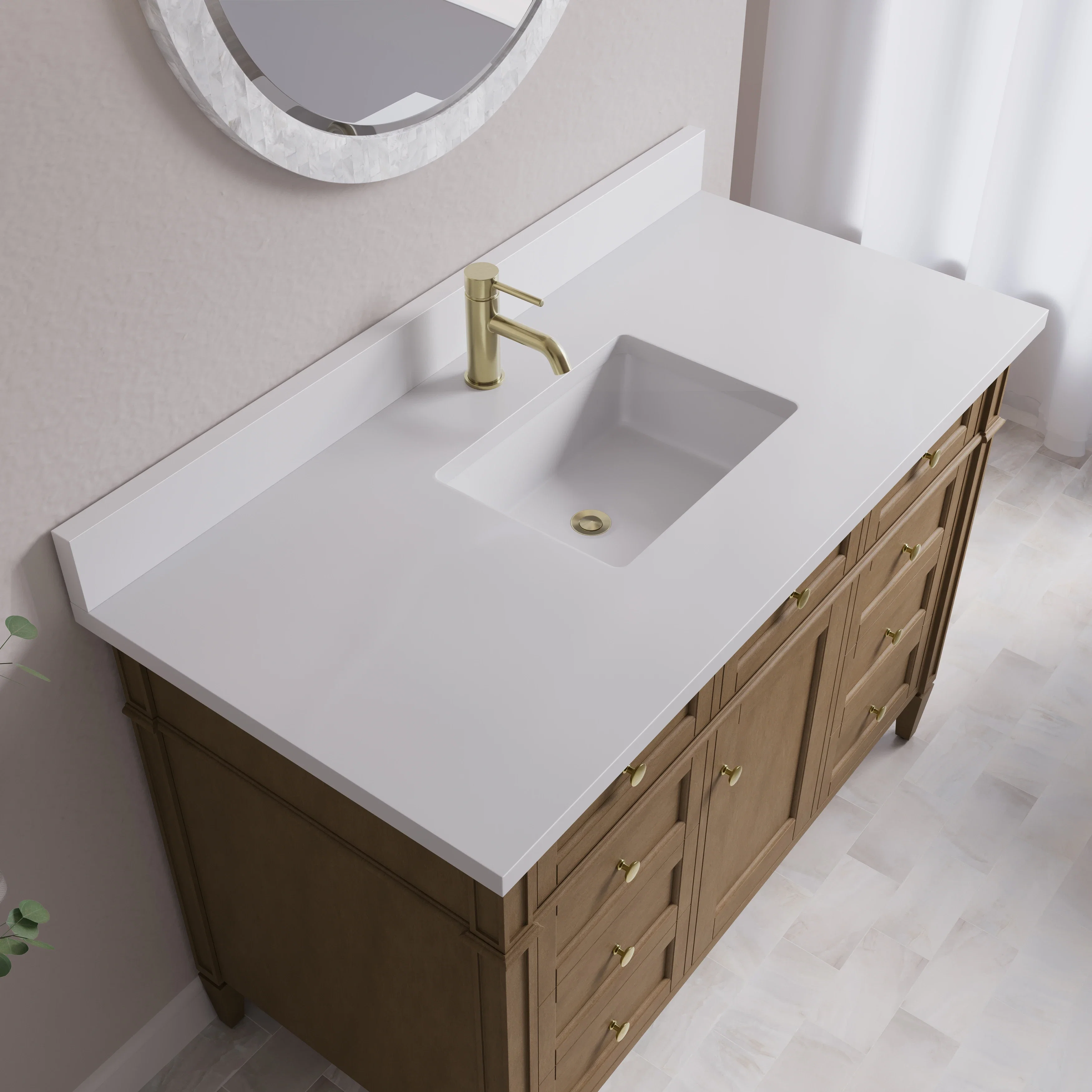 Brittany 48" Single Vanity, Pecan w/ Single Hole 3 CM White Zeus Silestone Top and Matching Backsplash