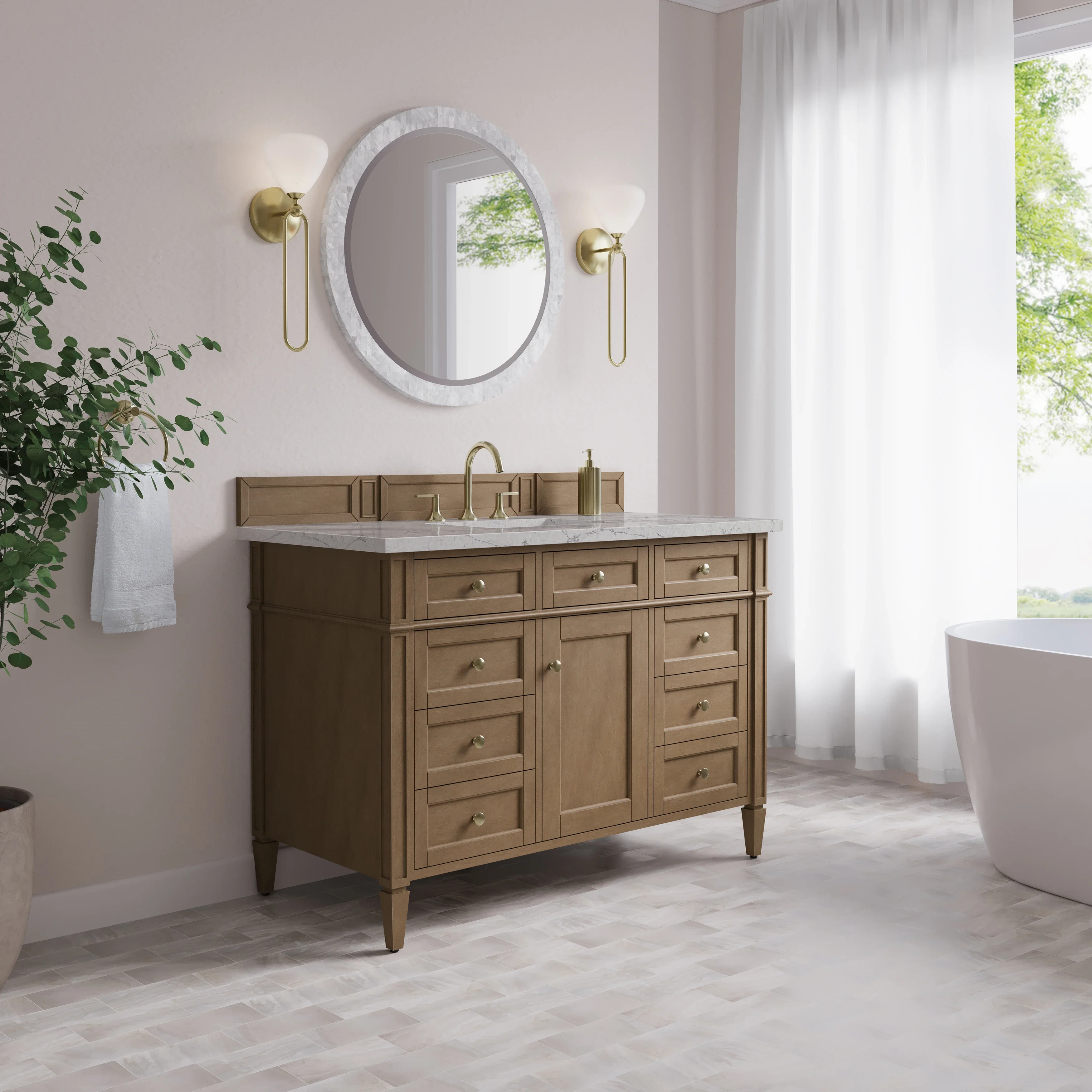 Brittany 48" Single Vanity, Pecan w/ 3 CM Eternal Jasmine Pearl Silestone Top