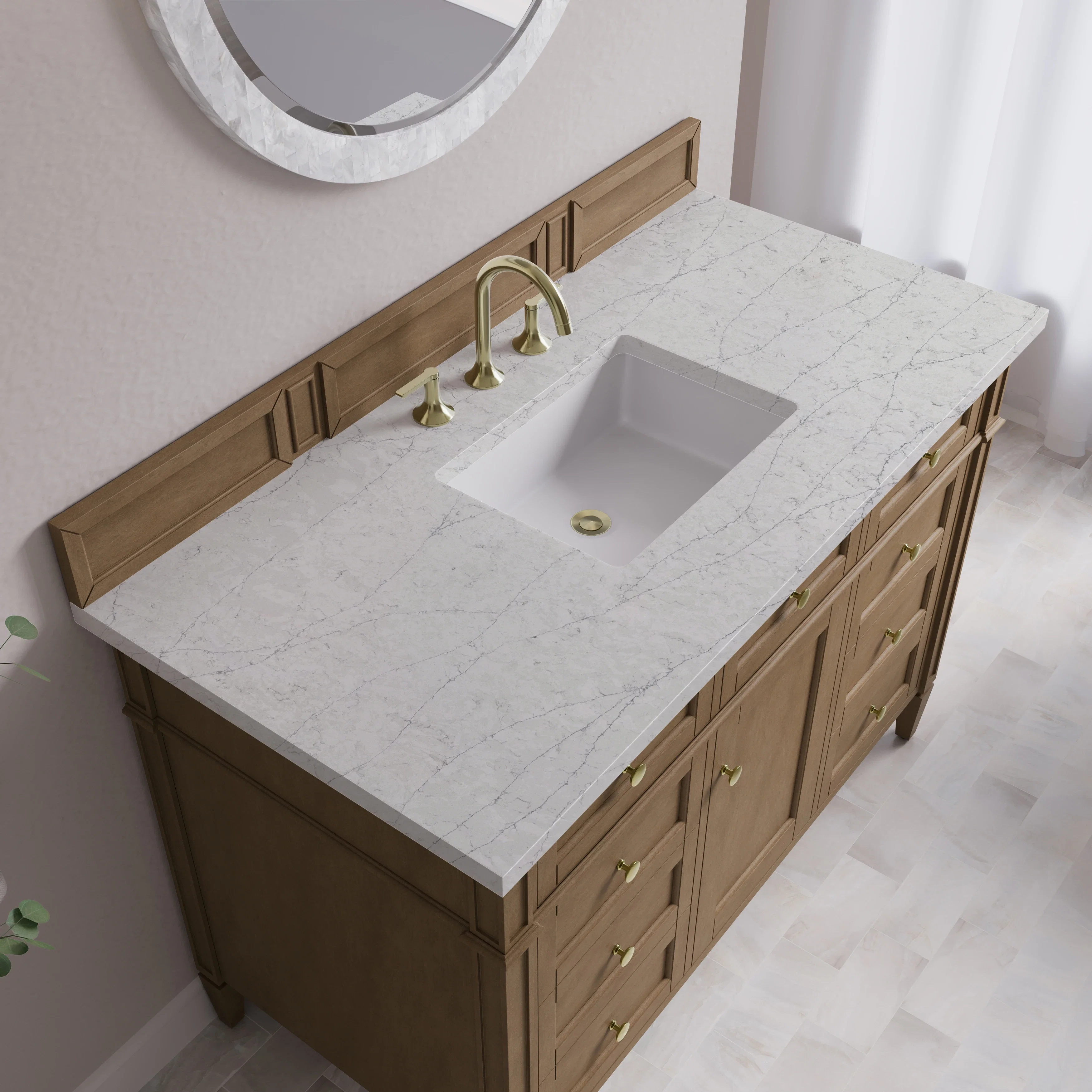 Brittany 48" Single Vanity, Pecan w/ 3 CM Eternal Jasmine Pearl Silestone Top