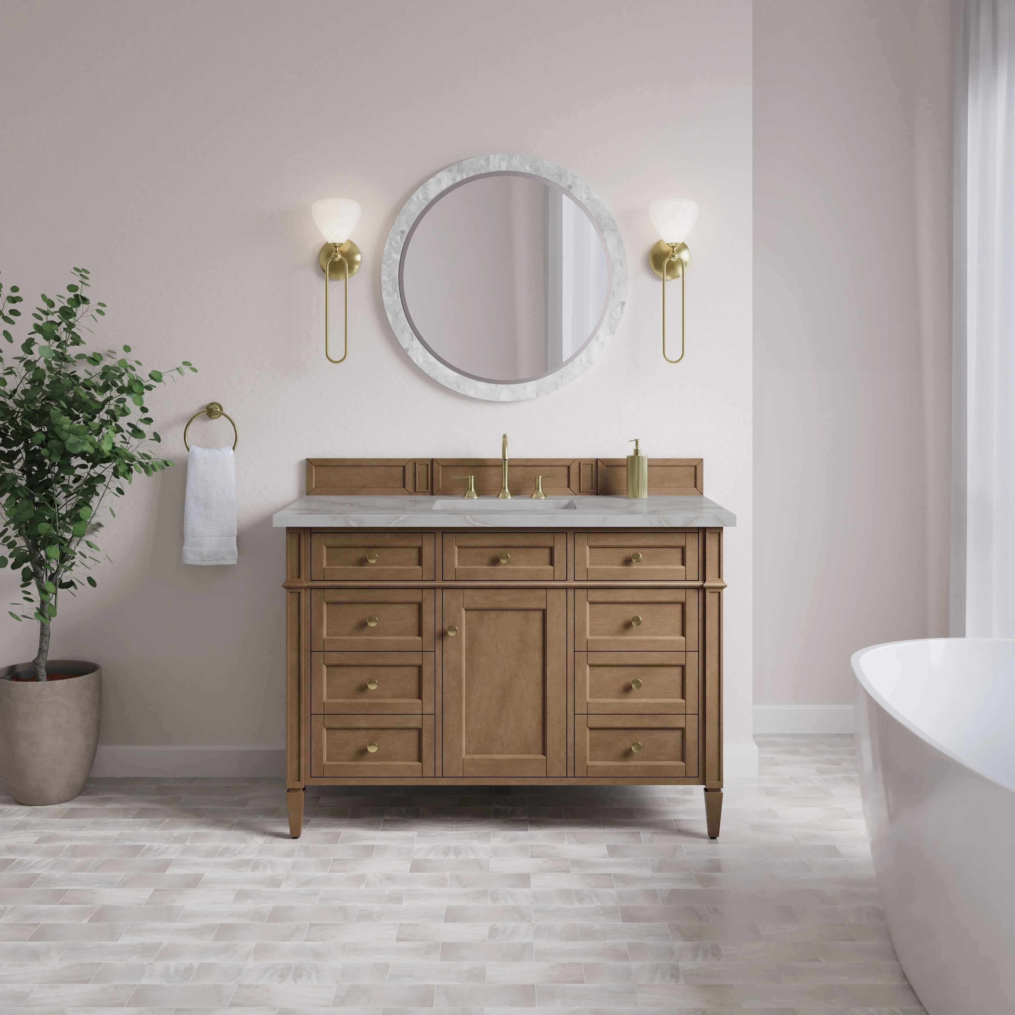 Brittany 48" Single Vanity, Pecan w/ 3 CM Victorian Silver Silestone Top