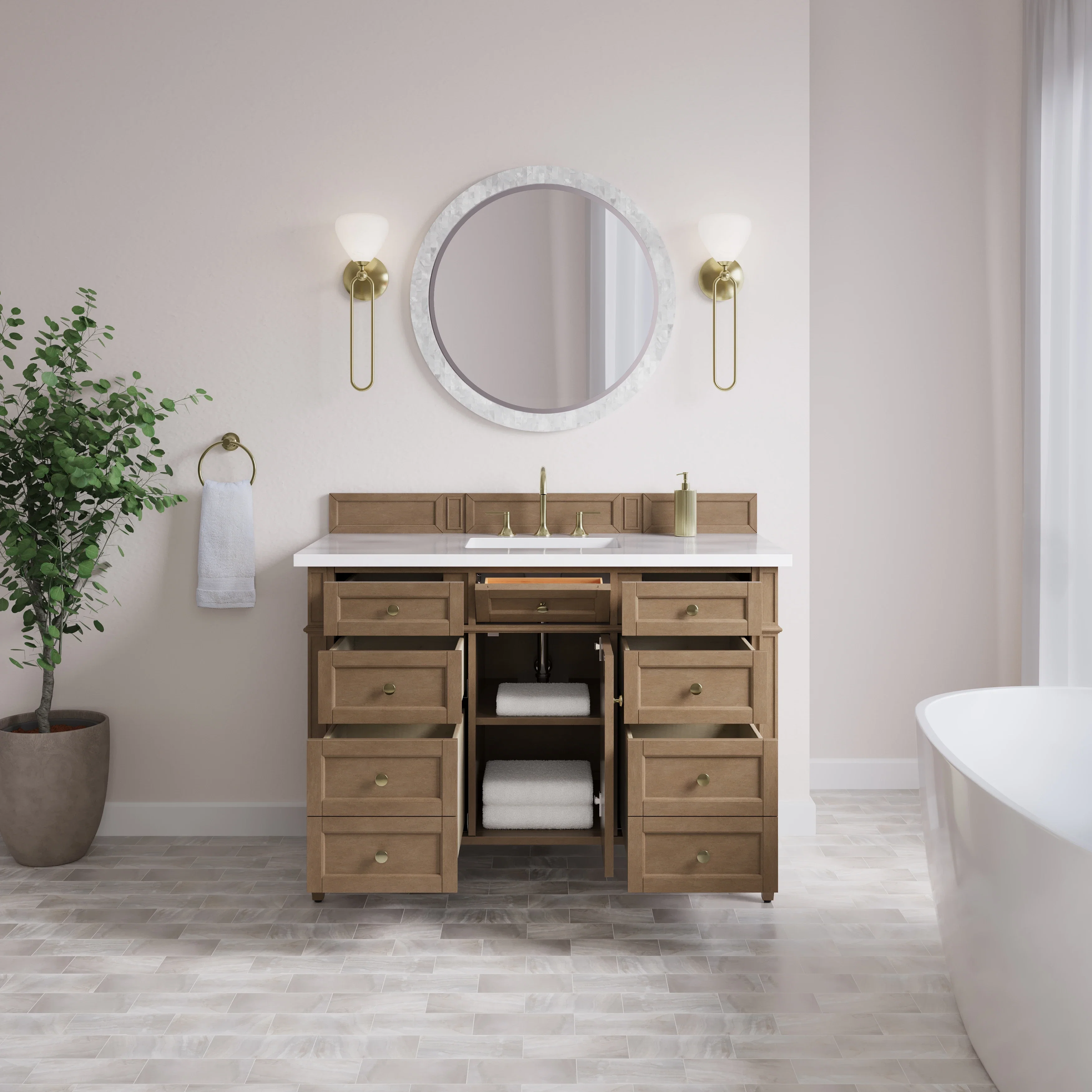 Brittany 48" Single Vanity, Pecan w/ 3 CM White Zeus Silestone Top
