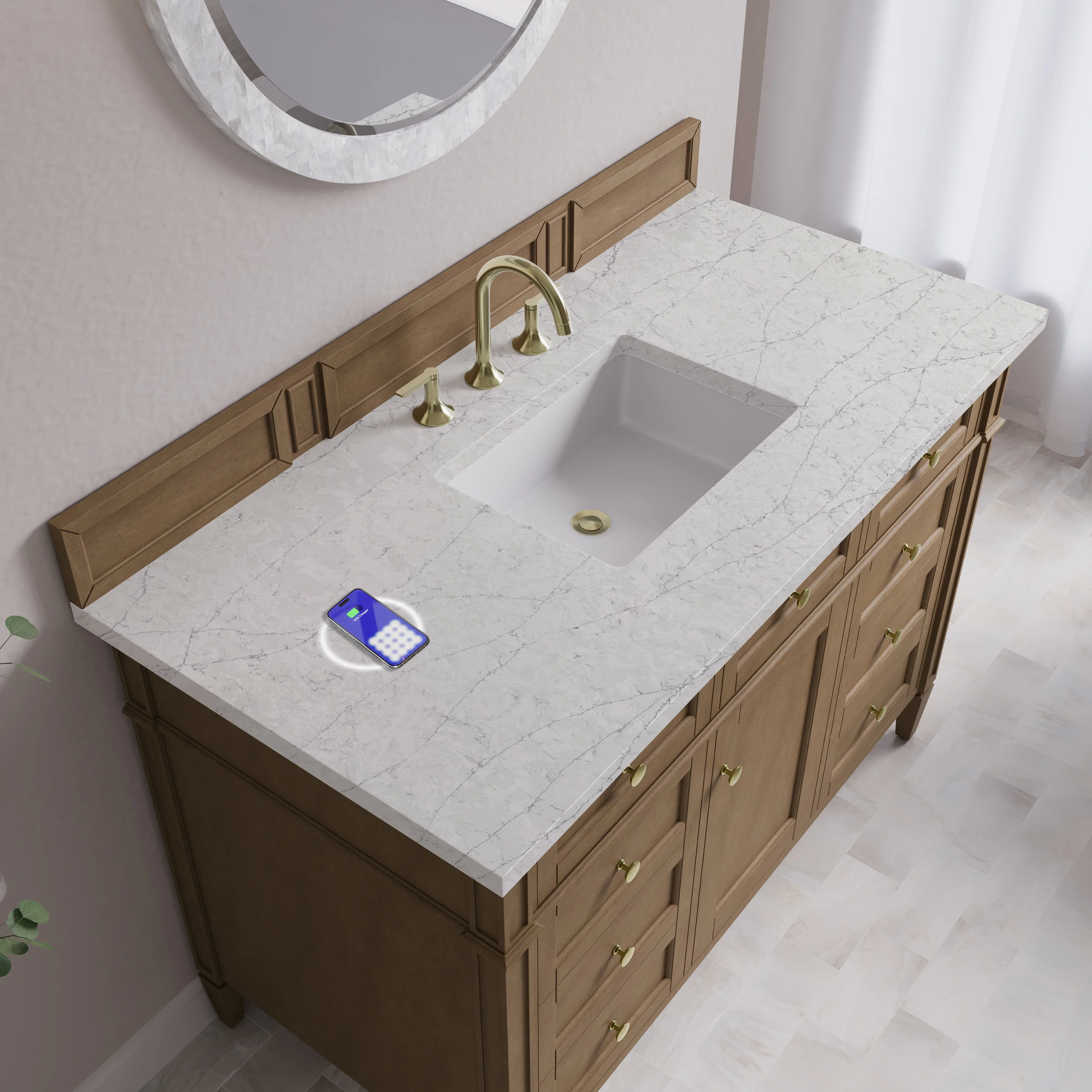 Brittany 48" Single Vanity, Pecan w/ 3 CM Eternal Jasmine Pearl Silestone Top w/FreePower Wireless Charger
