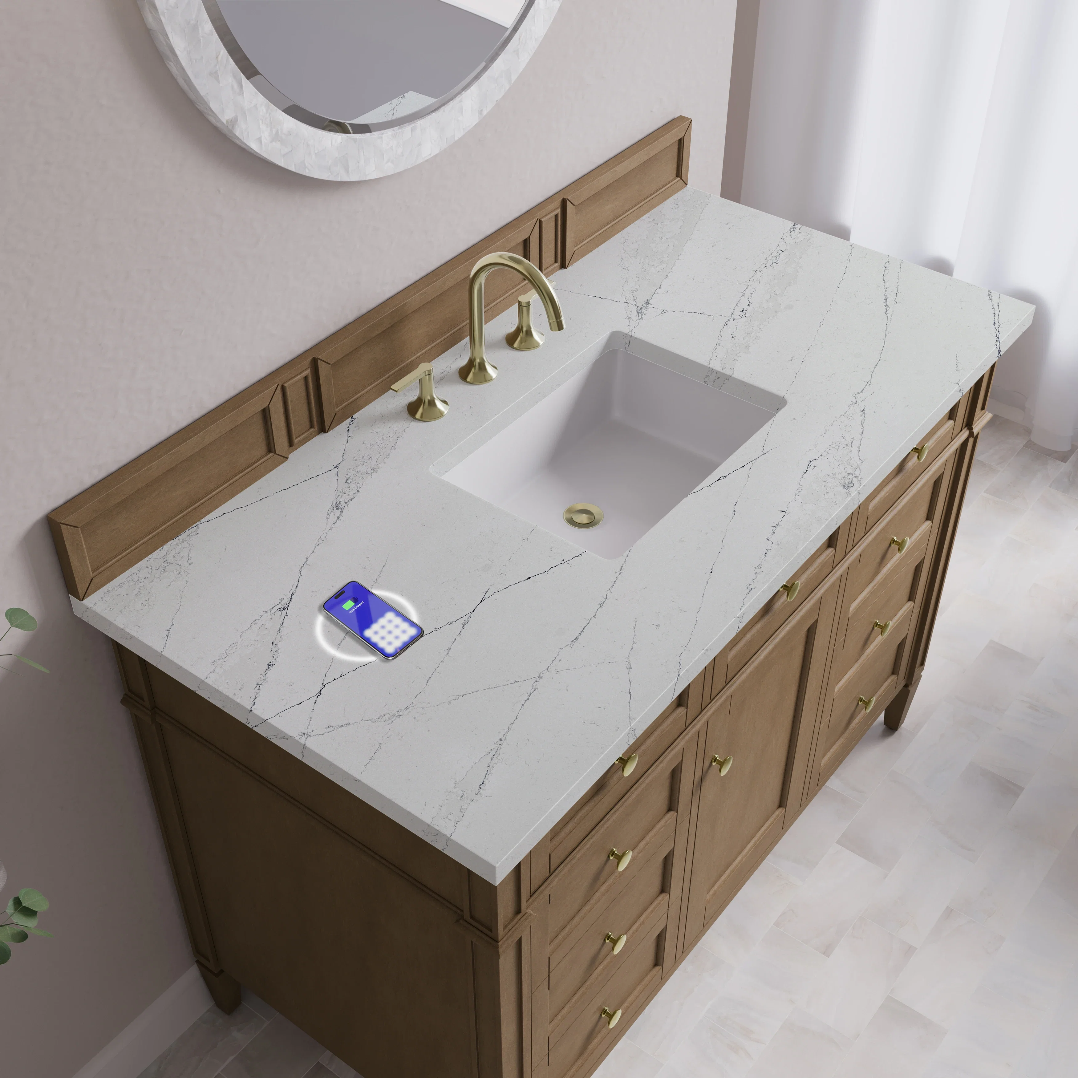 Brittany 48" Single Vanity, Pecan w/ 3 CM Ethereal Noctis Silestone Top w/FreePower Wireless Charger