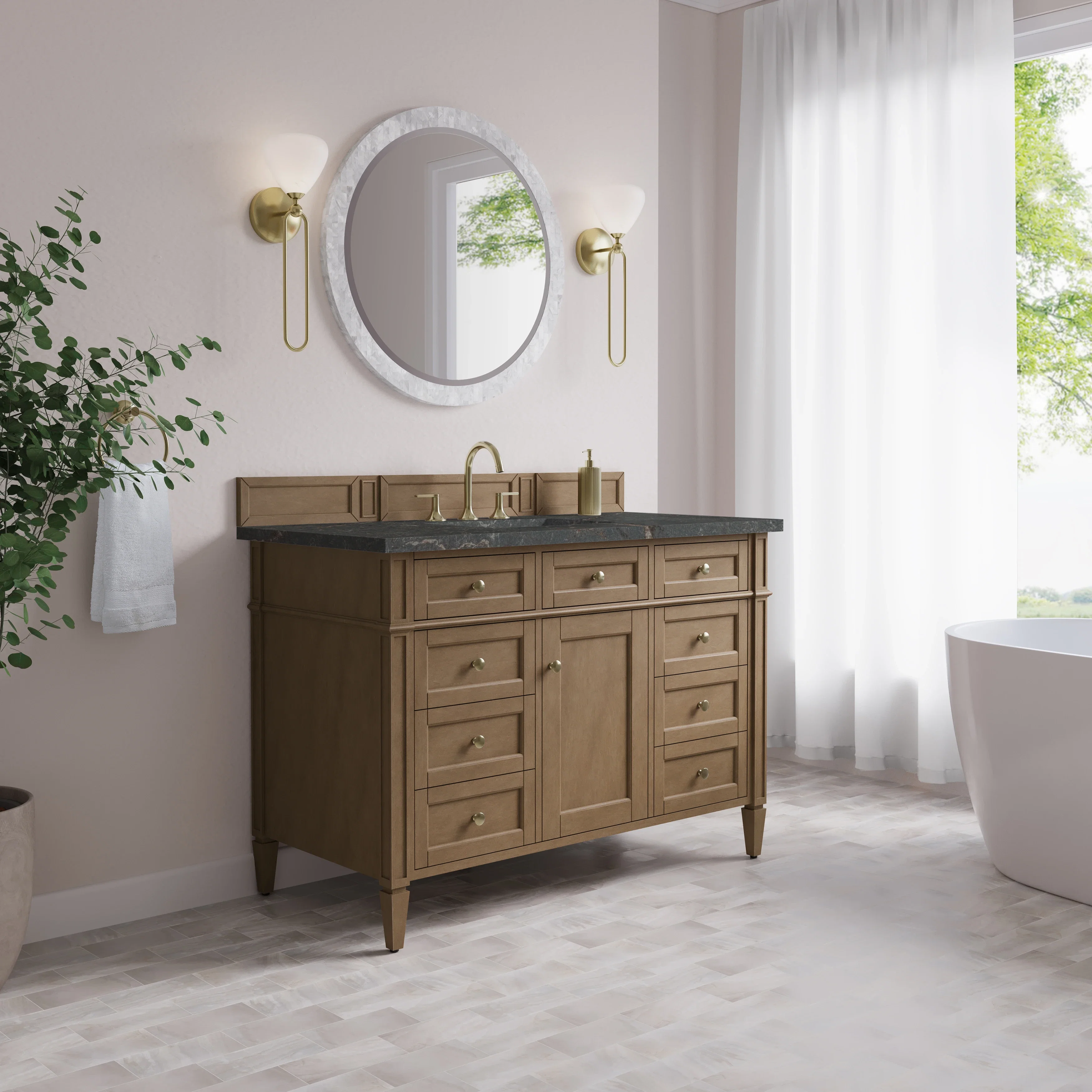 Brittany 48" Single Vanity, Pecan w/ 3 CM Parisien Bleu Silestone Top w/FreePower Wireless Charger