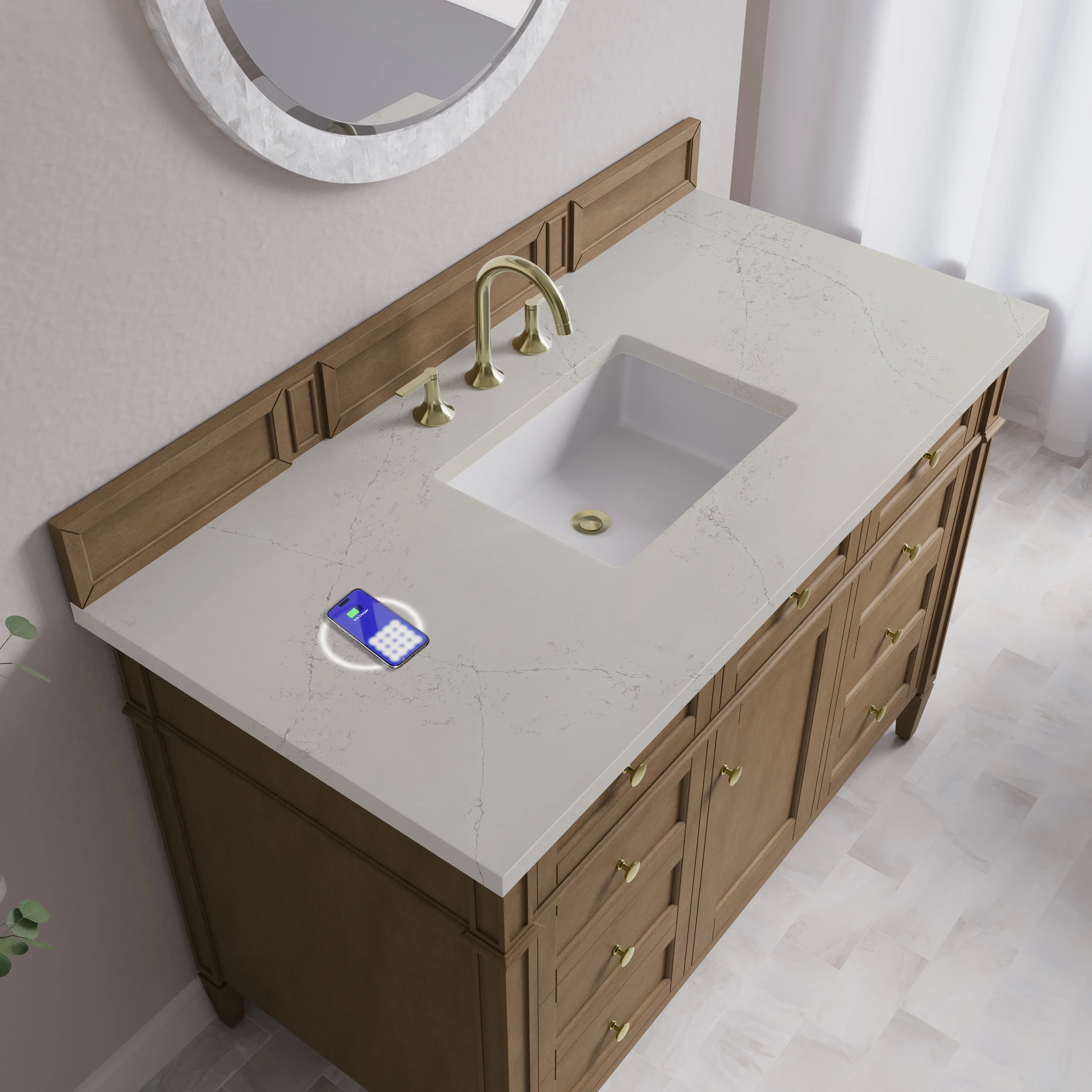 Brittany 48" Single Vanity, Pecan w/ 3 CM Siberian Silestone Top w/FreePower Wireless Charger