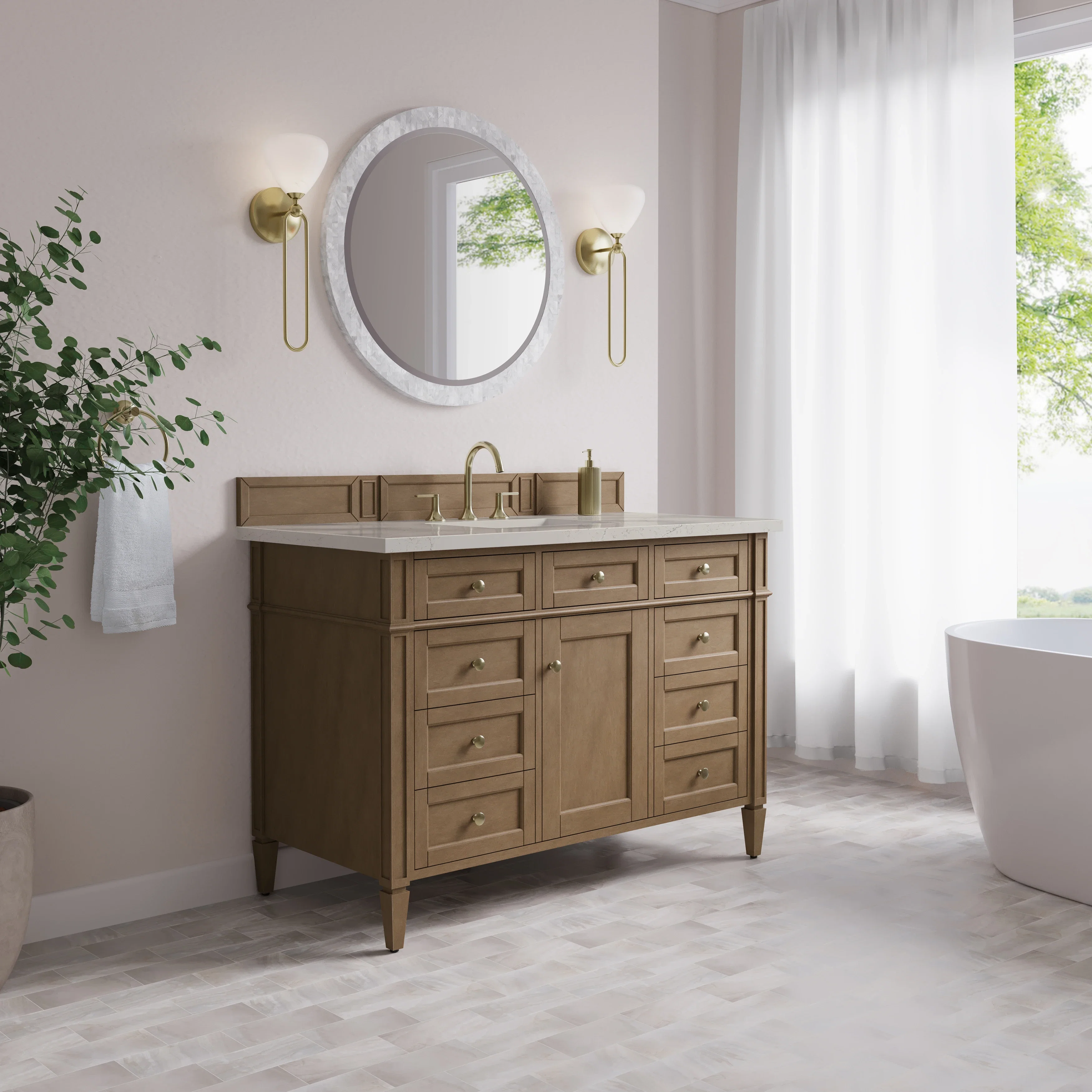Brittany 48" Single Vanity, Pecan w/ 3 CM Siberian Silestone Top w/FreePower Wireless Charger