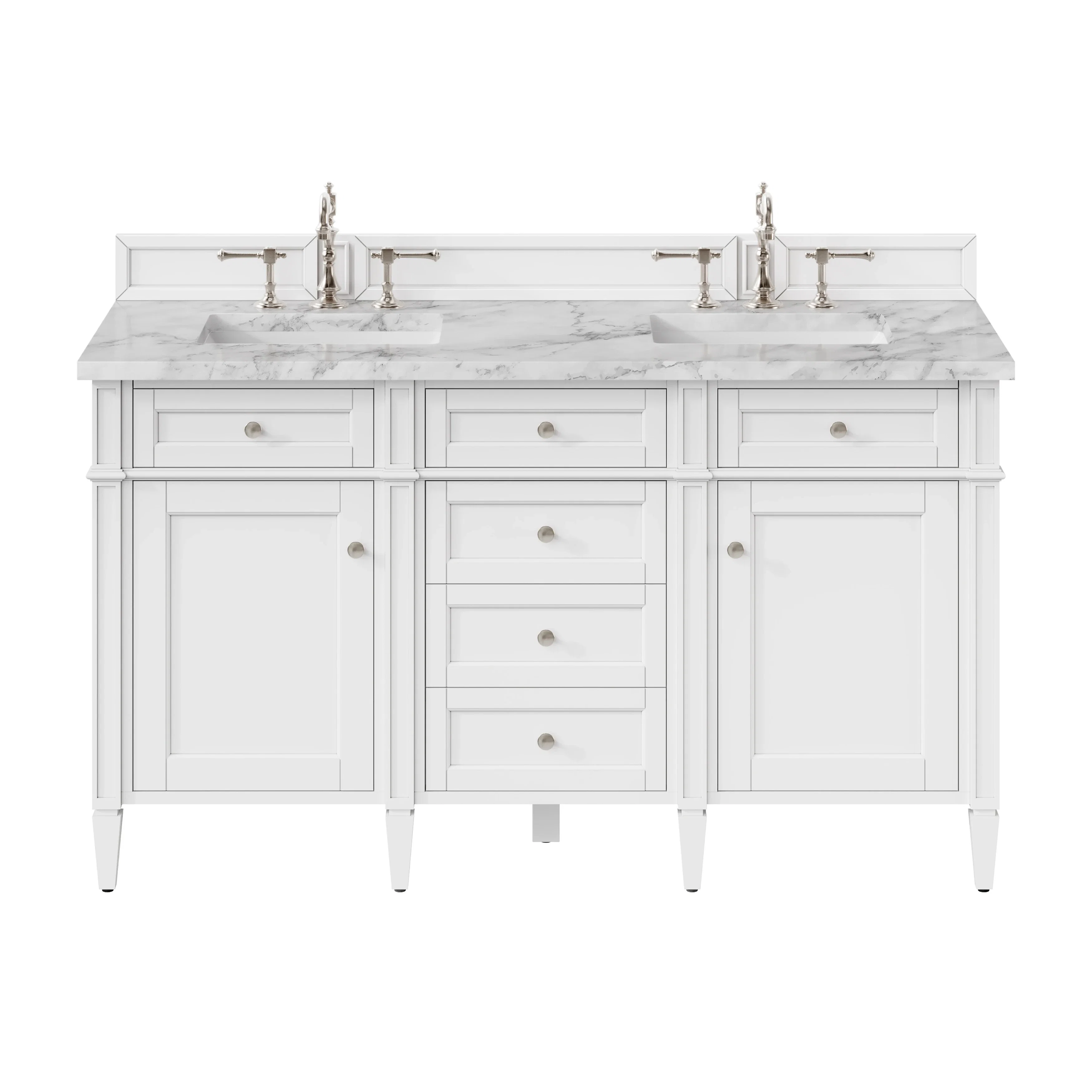Brittany 60" Double Vanity, Bright White Vanity w/ 3 CM Carrara Marble Top