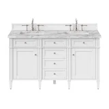 Brittany 60" Double Vanity, Bright White Vanity w/ 3 CM Carrara Marble Top