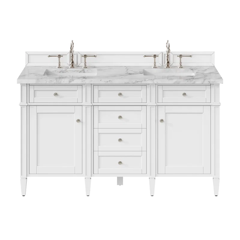 Brittany 60" Double Vanity, Bright White Vanity w/ 3 CM Carrara Marble Top