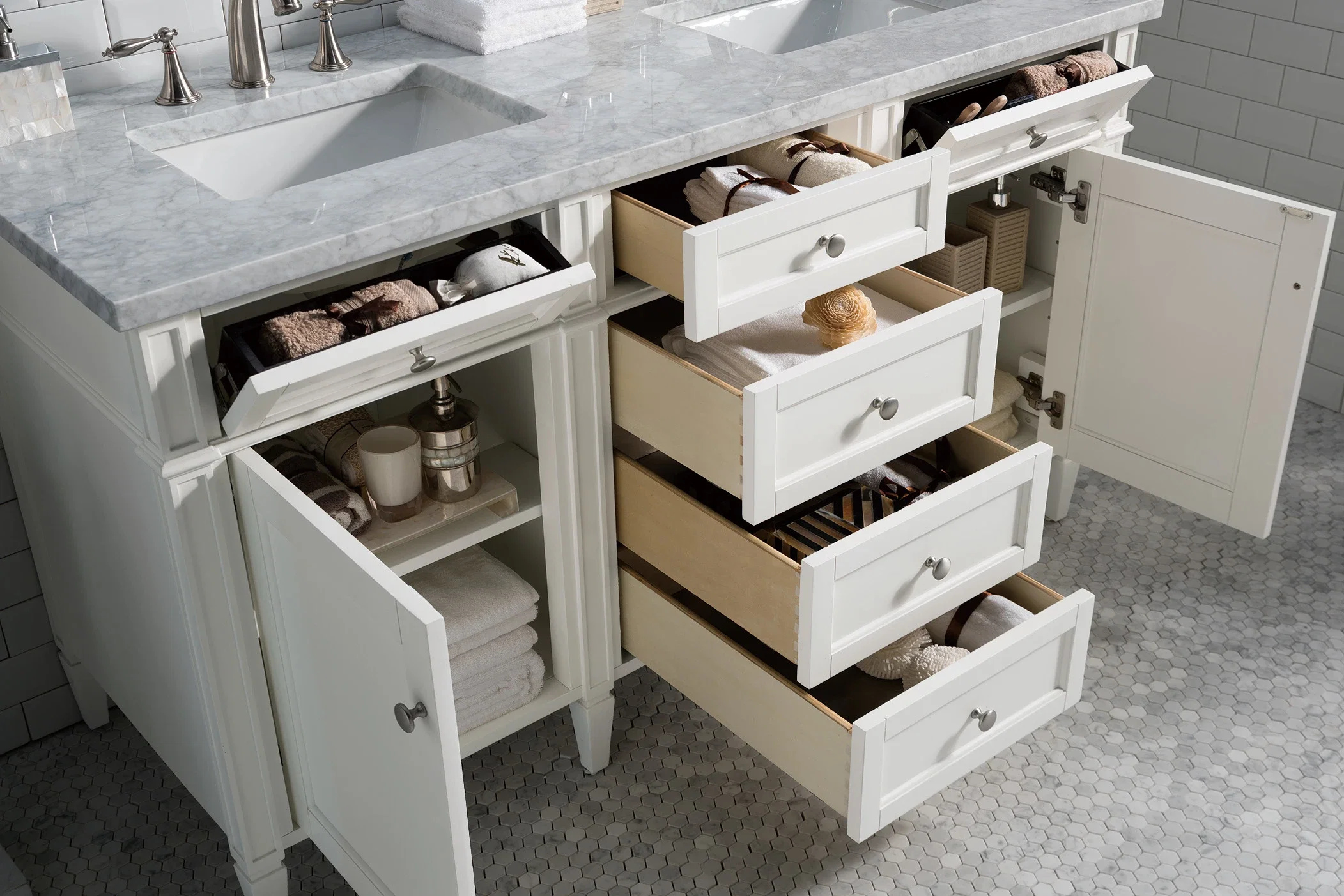 Brittany 60" Double Vanity, Bright White Vanity w/ 3 CM Carrara Marble Top