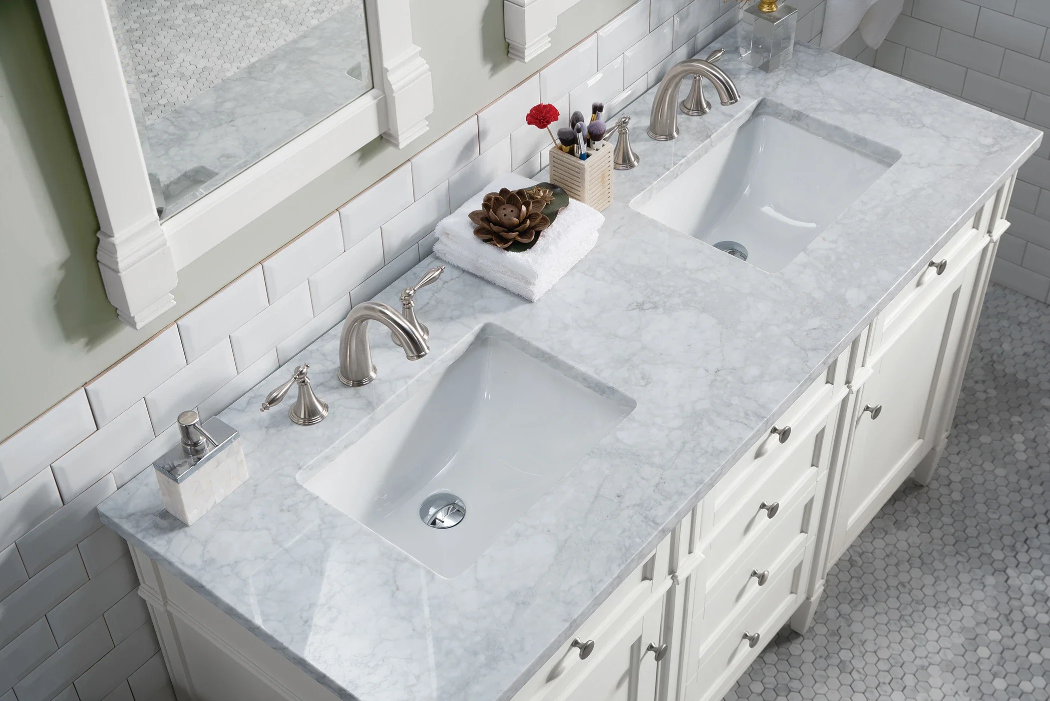 Brittany 60" Double Vanity, Bright White Vanity w/ 3 CM Carrara Marble Top