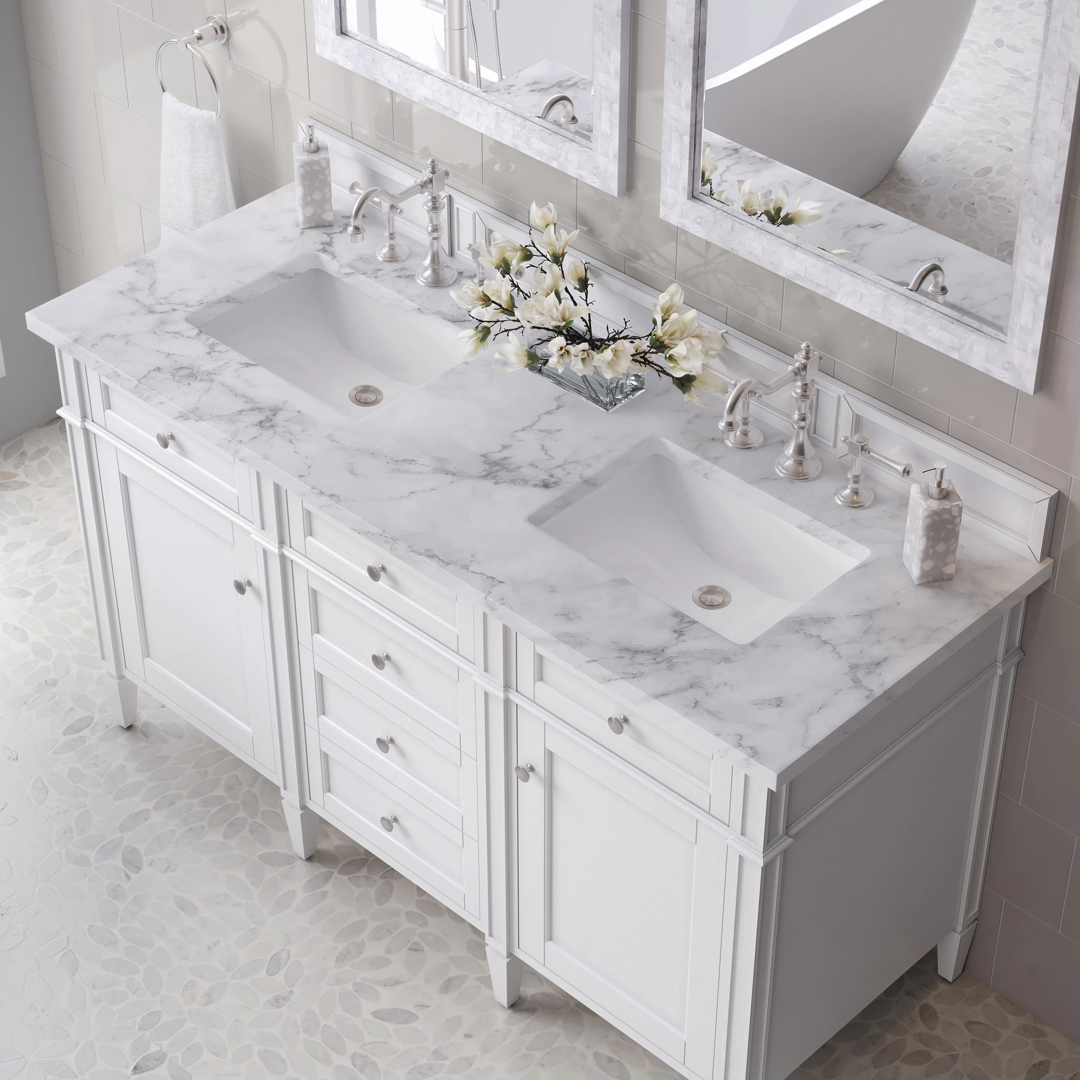 Brittany 60" Double Vanity, Bright White Vanity w/ 3 CM Carrara Marble Top