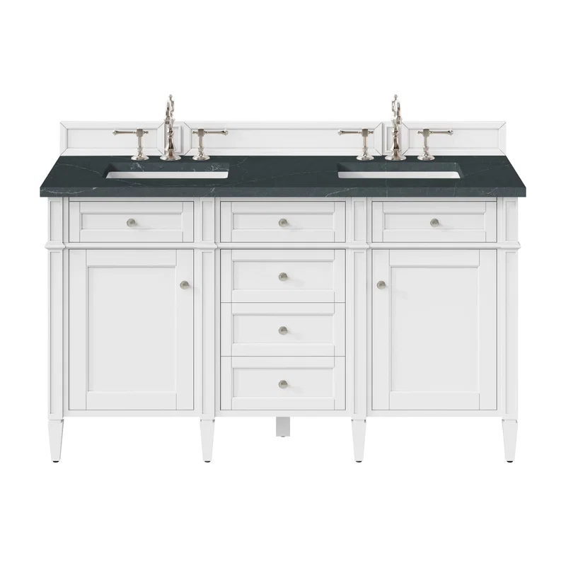 Brittany 60" Double Vanity, Bright White Vanity w/ 3 CM Charcoal Soapstone Silestone Top