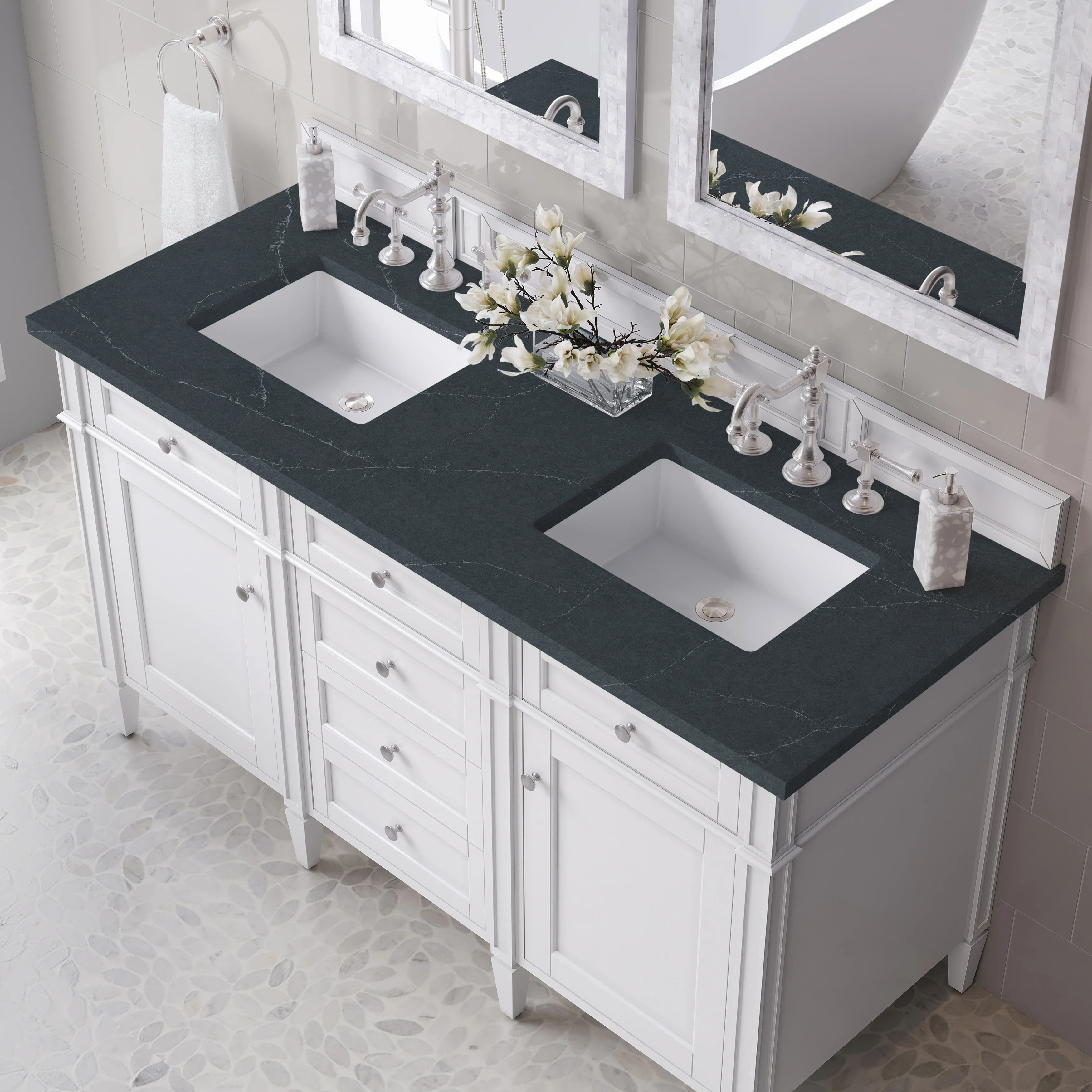 Brittany 60" Double Vanity, Bright White Vanity w/ 3 CM Charcoal Soapstone Silestone Top