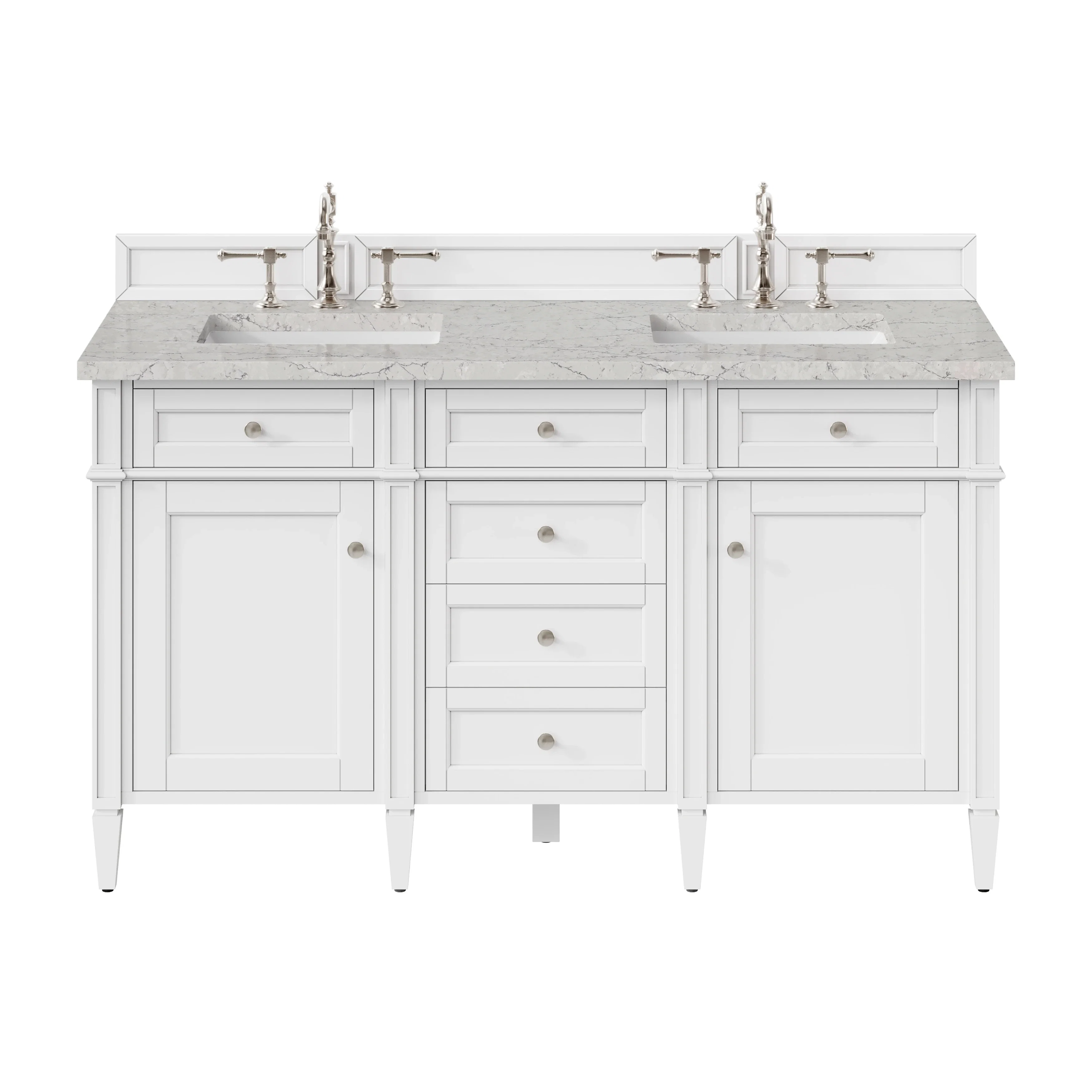 Brittany 60" Double Vanity, Bright White Vanity w/ 3 CM Eternal Jasmine Pearl Silestone Top
